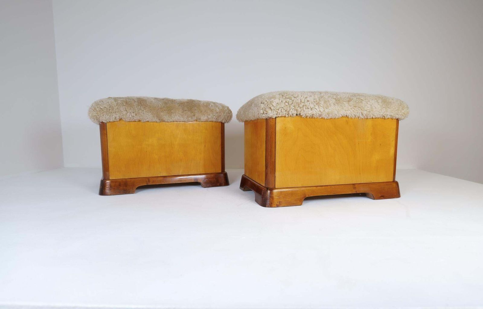 Swedish Art Deco Stools In Lacquered Birch And Sheepskin/Shearling Seat 1940s photo furniture