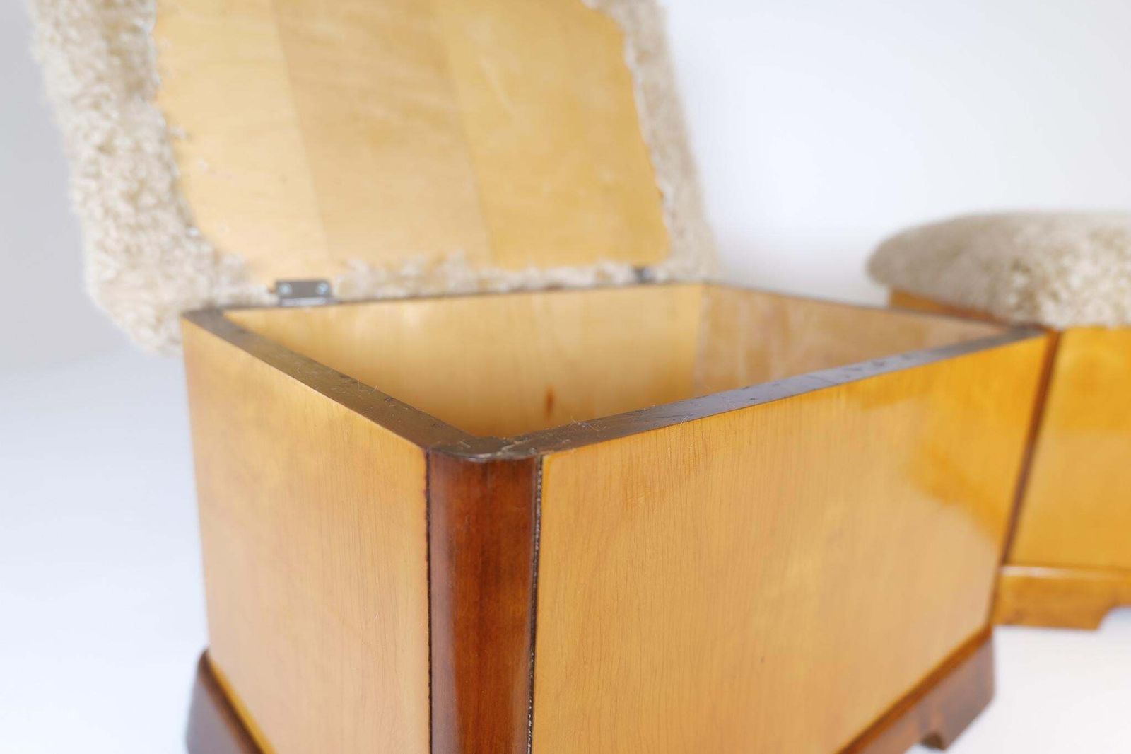 photo for sale Swedish Art Deco Stools In Lacquered Birch And Sheepskin/Shearling Seat 1940s