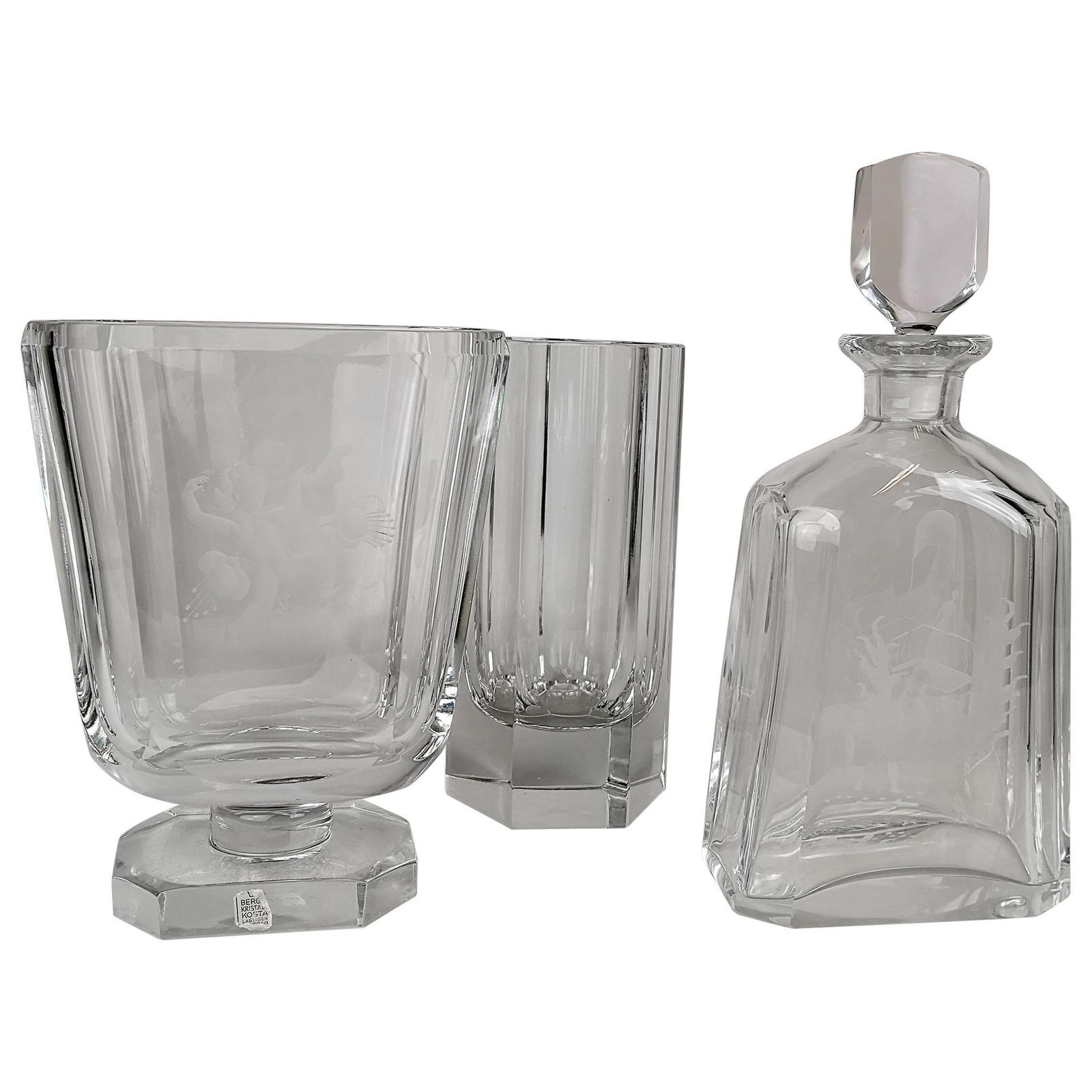 Art Deco Set Of 3 Crystal Pieces Elis Bergh Kosta, Sweden, 1930s