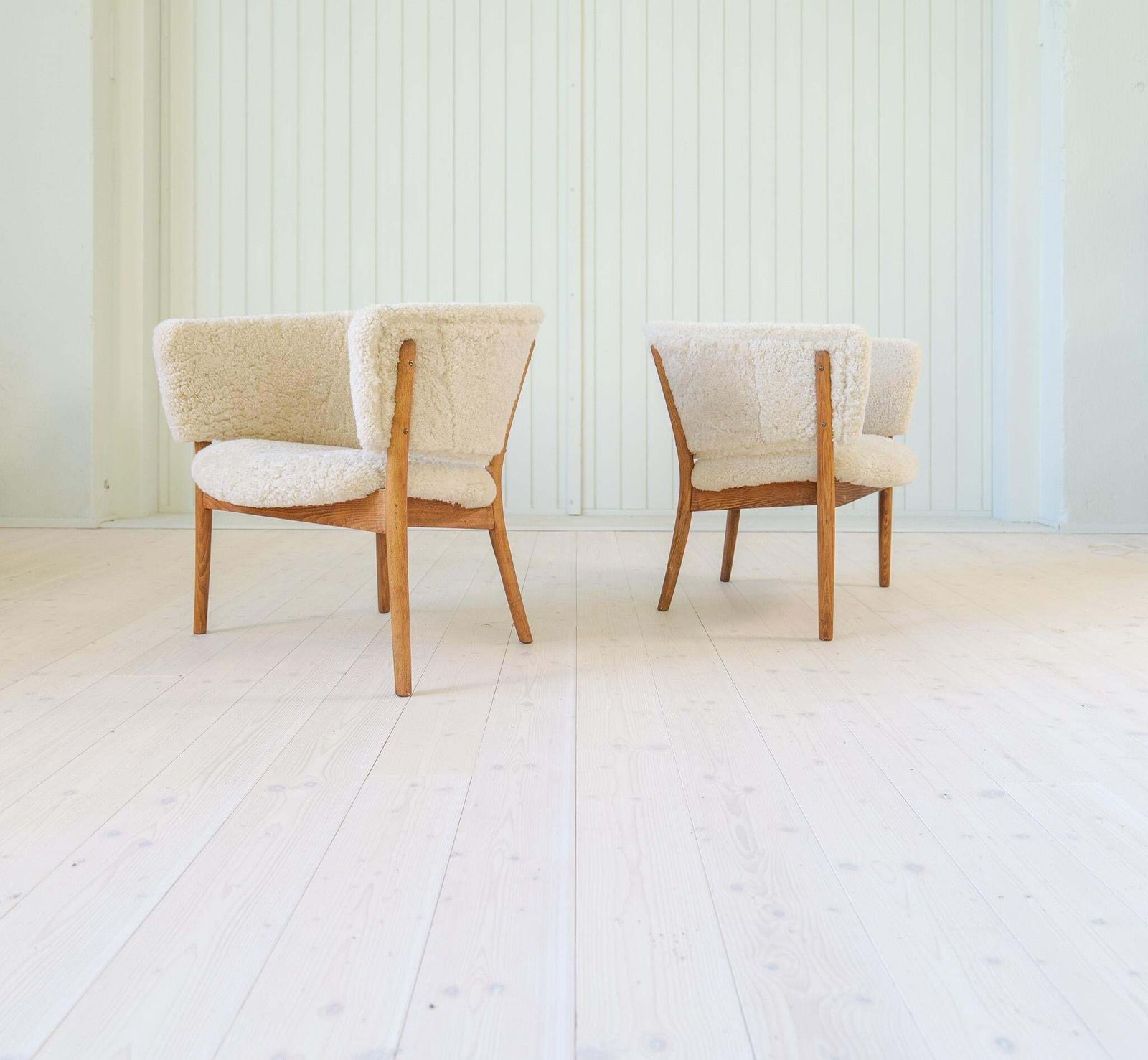 Mid Century Lounge Chairs In Sheepskin/Shearling And Stained Wood, Sweden, 1962 photo furniture