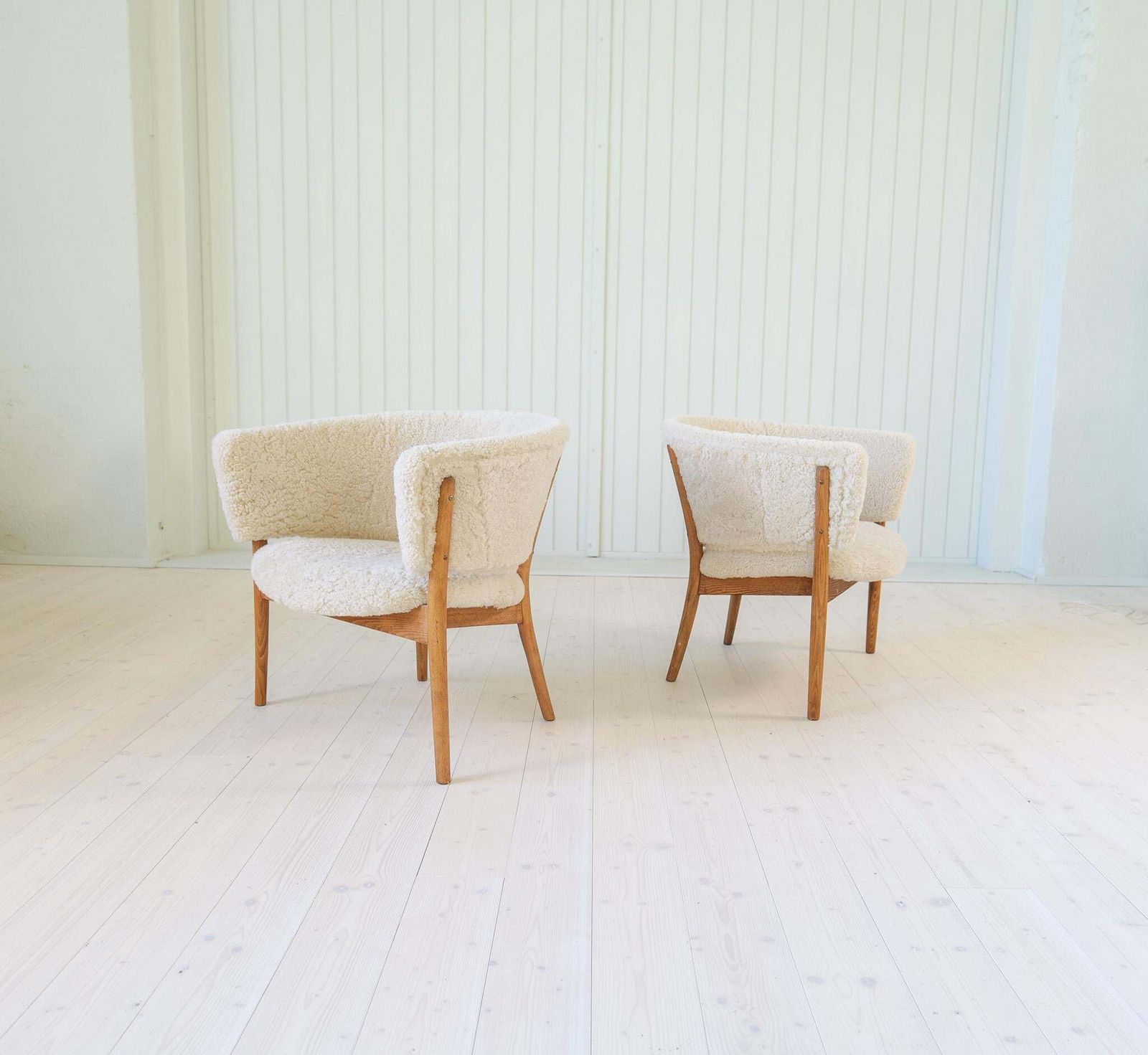 Mid Century Lounge Chairs In Sheepskin/Shearling And Stained Wood, Sweden, 1962 photo for sale