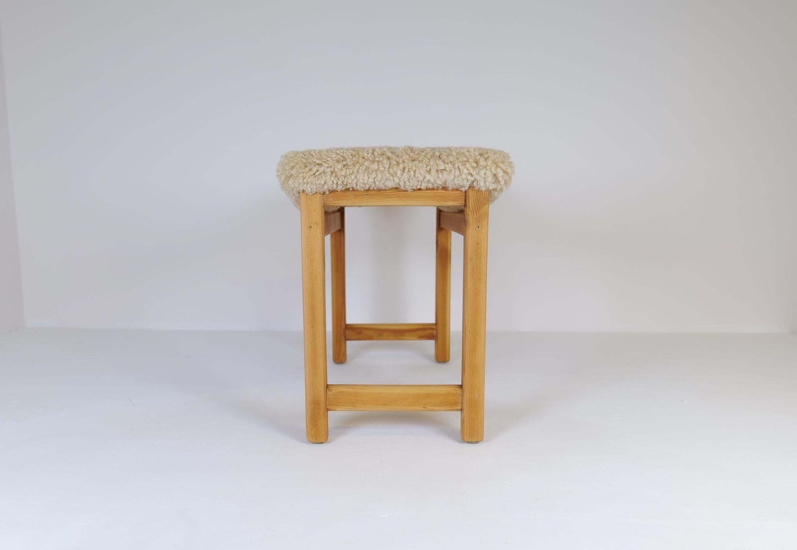 Scandinavian Modern Stool Pine And Sheepskin, Sweden, 1970s photo vintage