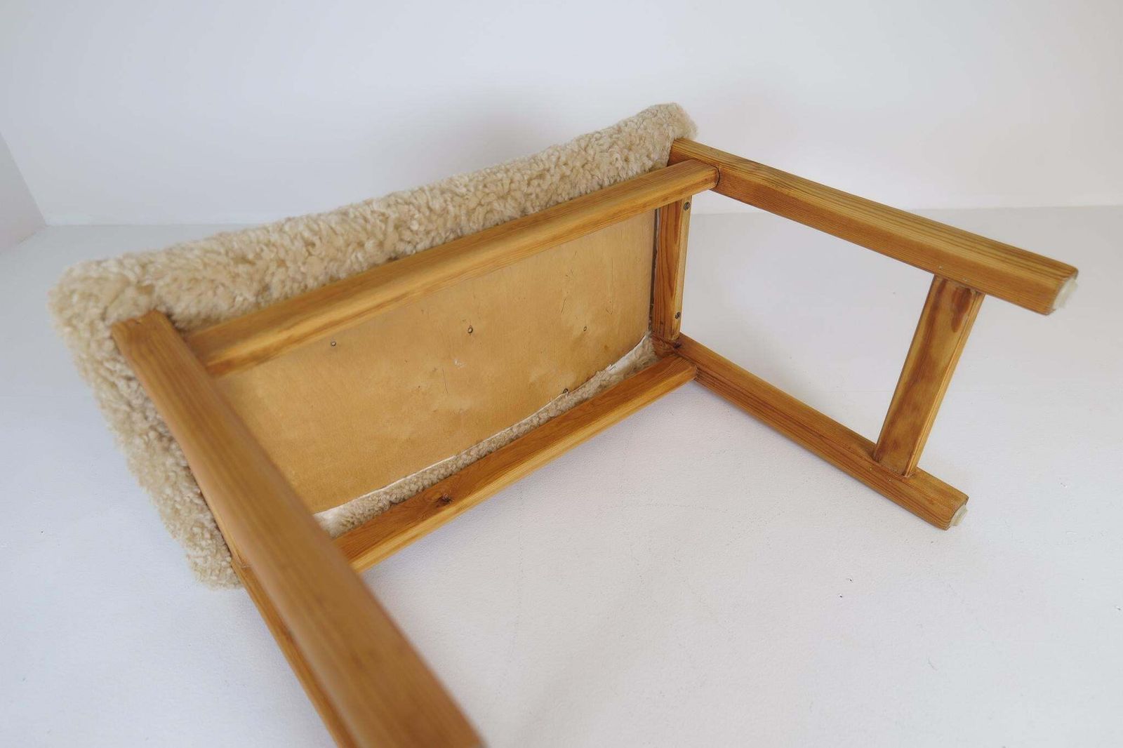 photo buy Scandinavian Modern Stool Pine And Sheepskin, Sweden, 1970s