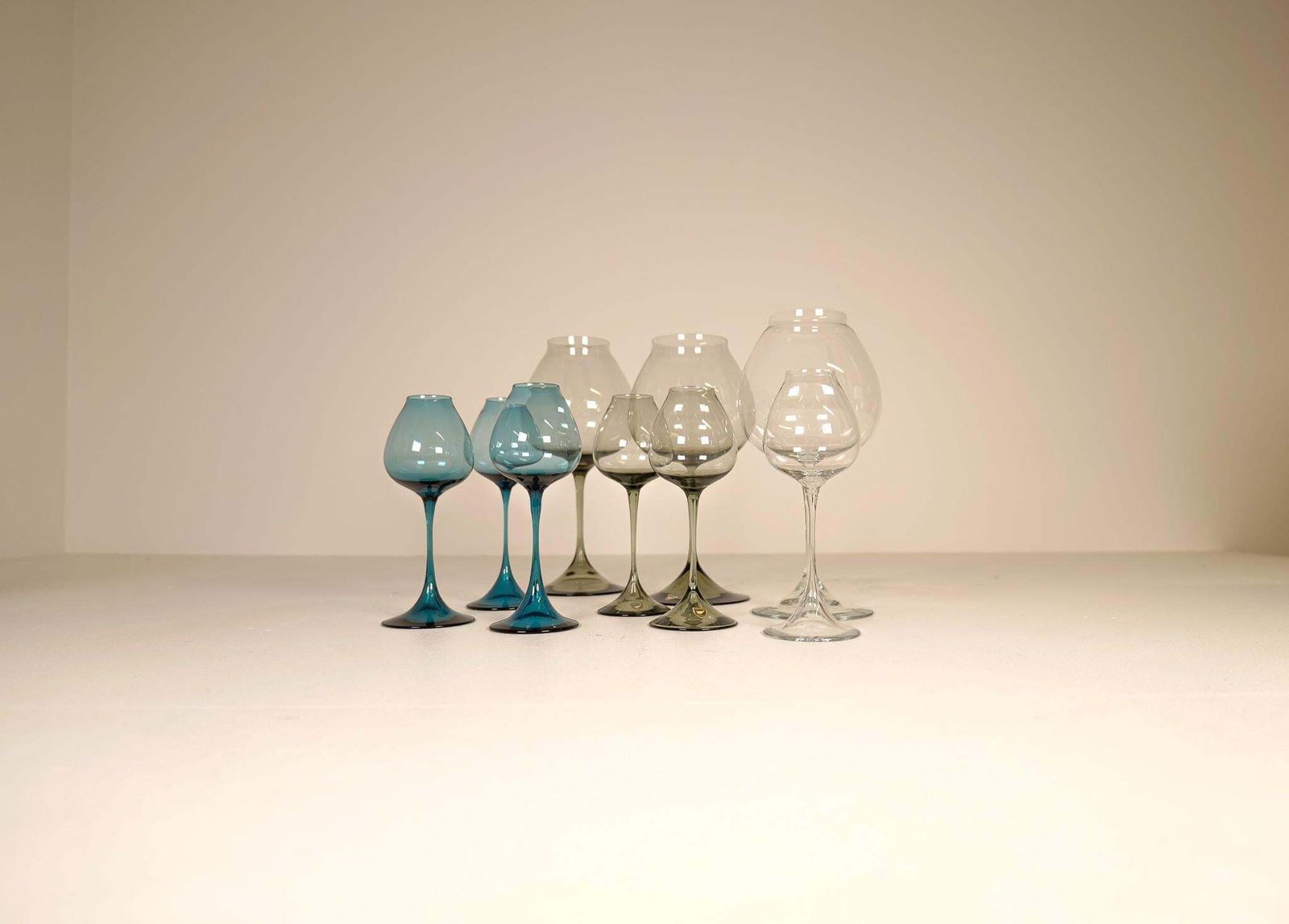 Large Collection Midcentury Orrefors Tulip Glasses Nils Landberg Sweden 1950s photo furniture