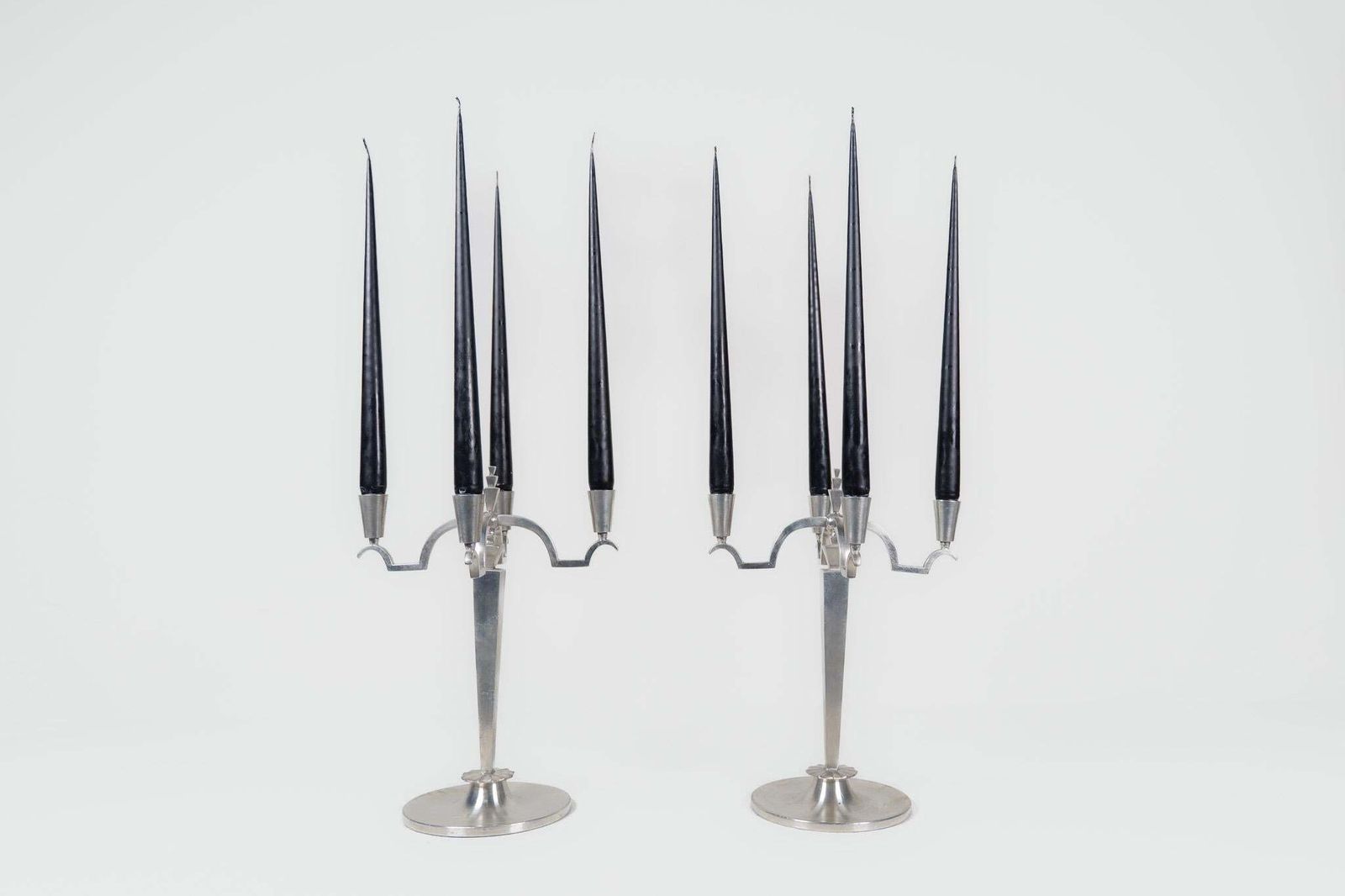 Art Deco Sculptural Set Of Candelabras In Pewter, Sweden, 1940s photo for sale