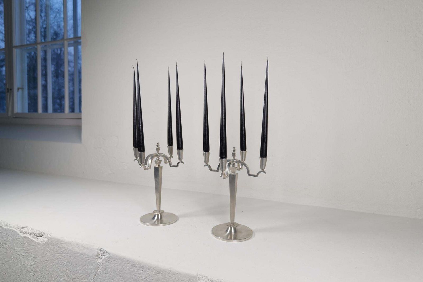 Art Deco Sculptural Set Of Candelabras In Pewter, Sweden, 1940s photo vinterior