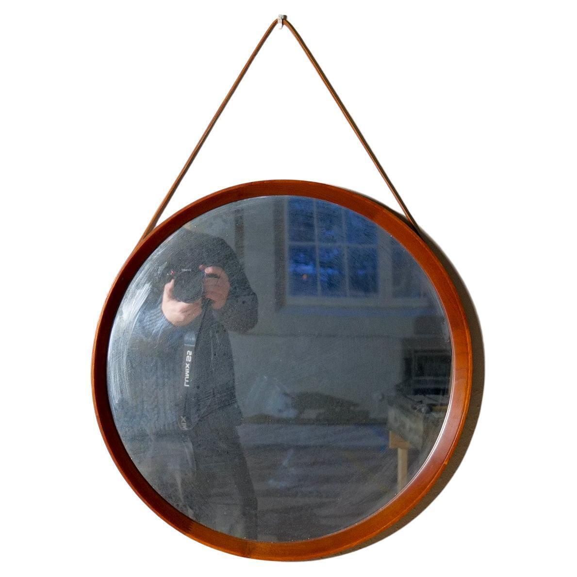 Midcentury Modern Round Mirror In Leather & Teak By Glas & Trä Hovmantorp Sweden photo furniture