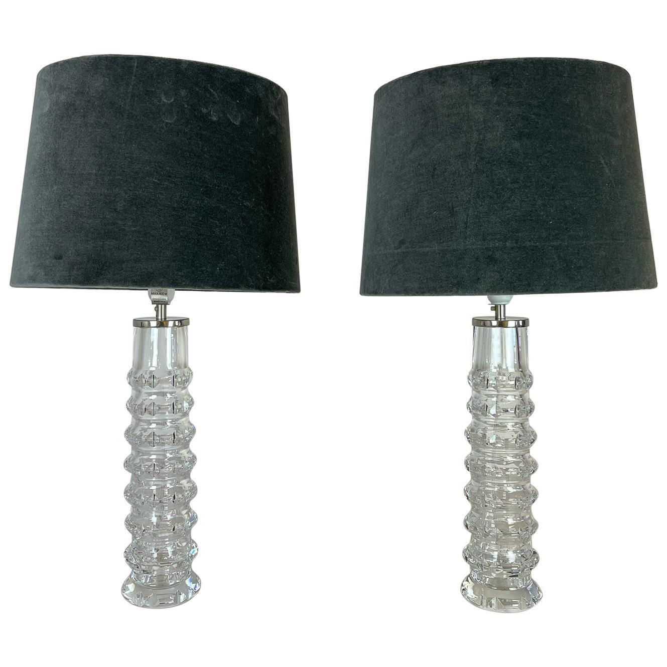 Midcentury Pair Of Crystal Lamps By Carl Fagerlund For Orrefors Sweden, 1970s