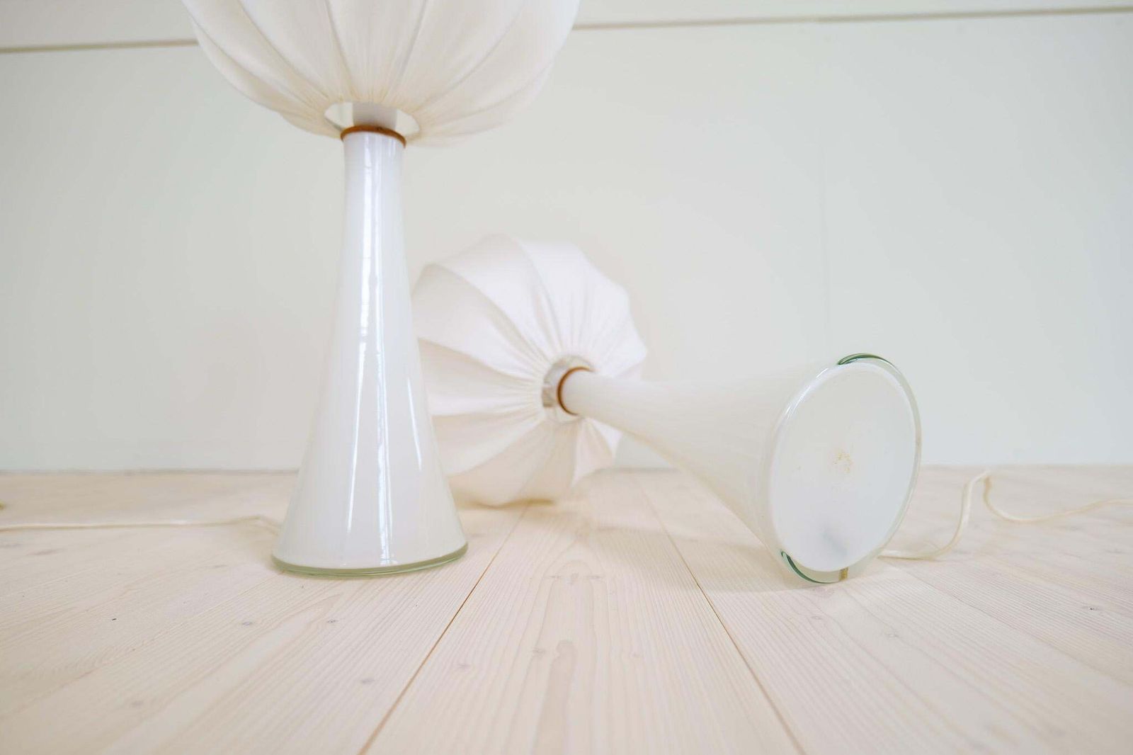 Midcentury Pair Of Opaline Glass Table Lamps Cotton Shades Bergboms Sweden, 1960 photo vintage