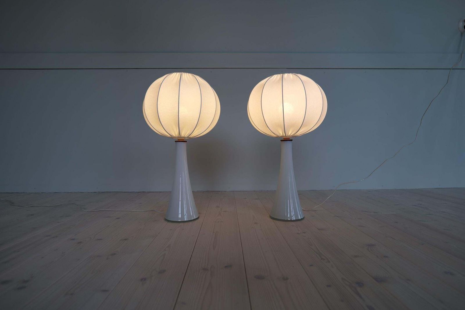 photo for sale Midcentury Pair Of Opaline Glass Table Lamps Cotton Shades Bergboms Sweden, 1960