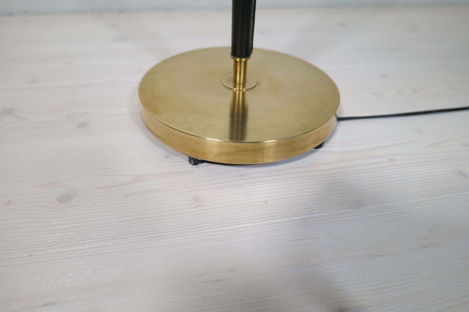 Mid Century Brass Black Leather Floor Lamp Falkenbergs Belysning, Sweden, 1960s photo vinterior