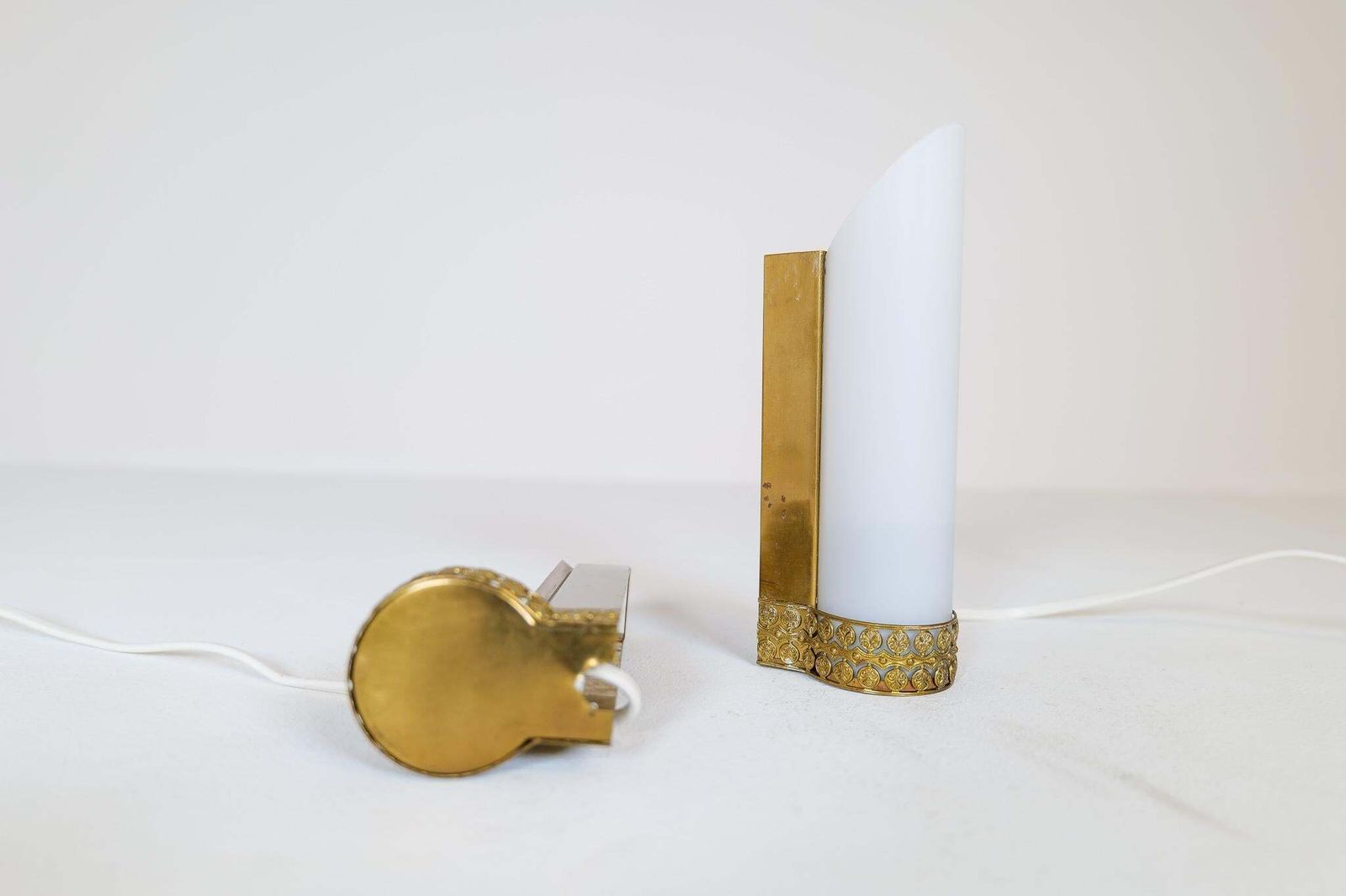 photo for sale Midcentury Modern Pair Of Brass And Opaline Wall Lamps Attributed To Asea Sweden