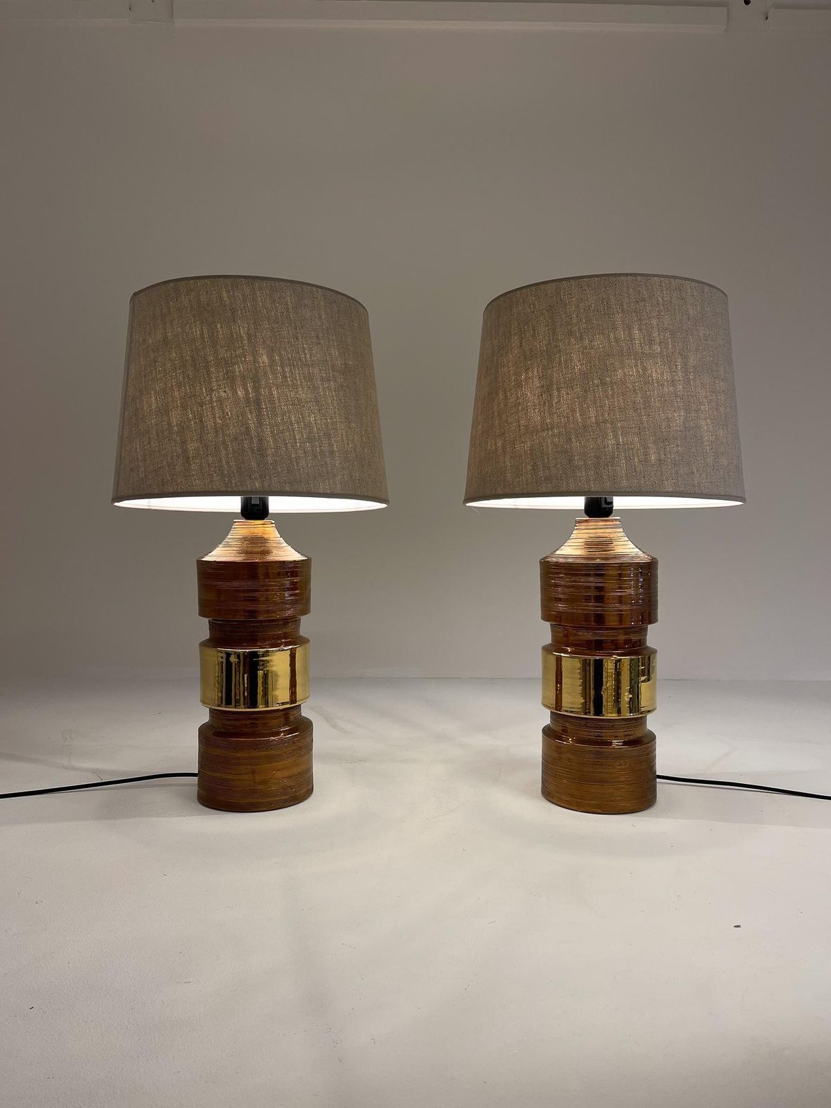 Midcentury Pair Of Large Brass Bergboms Bitossi Table Lamps, 1960s, Sweden photo vintage