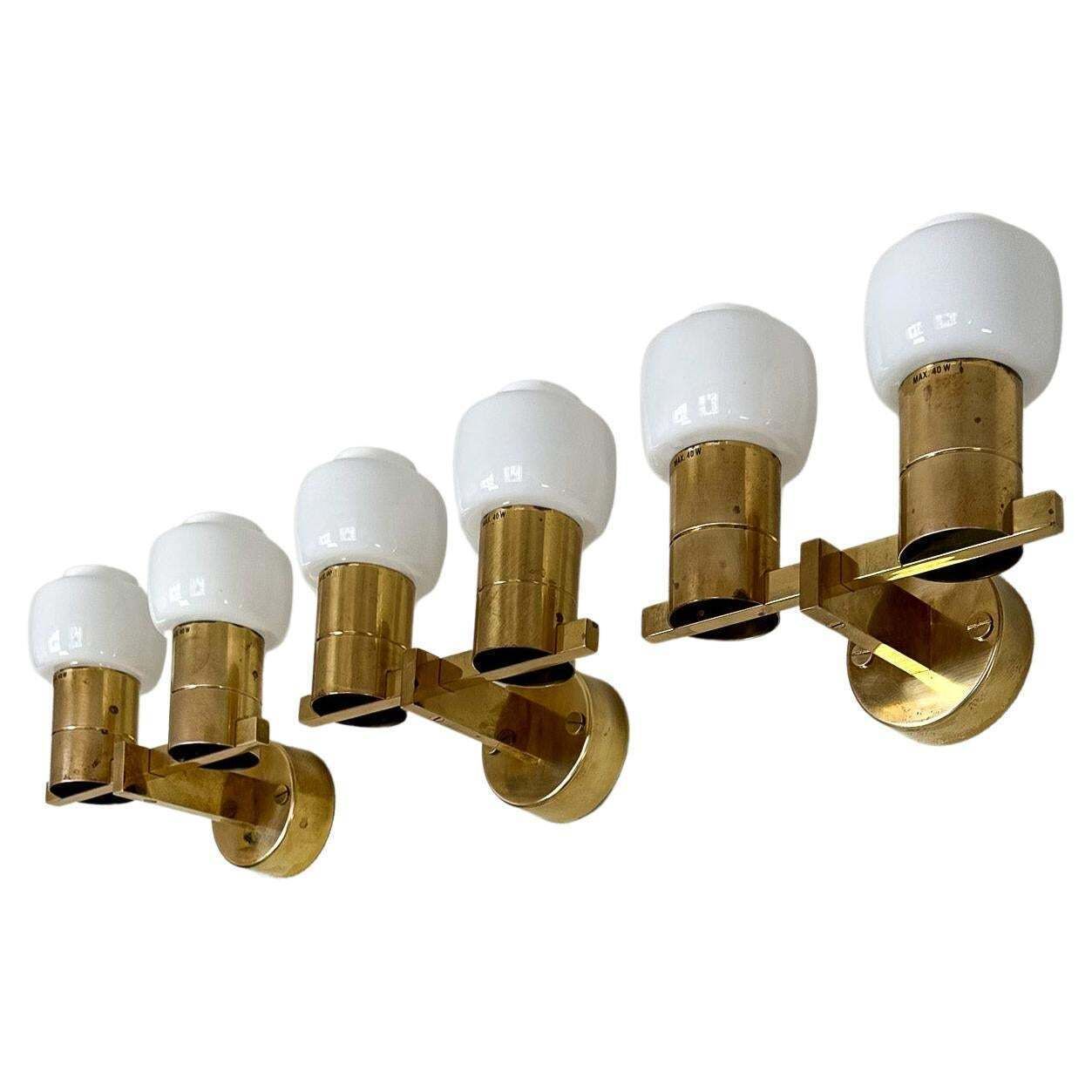 Midcentury Hans Agne Jakobsson Brass And Opaline Glass Wall Lamps, Sweden, 1960s