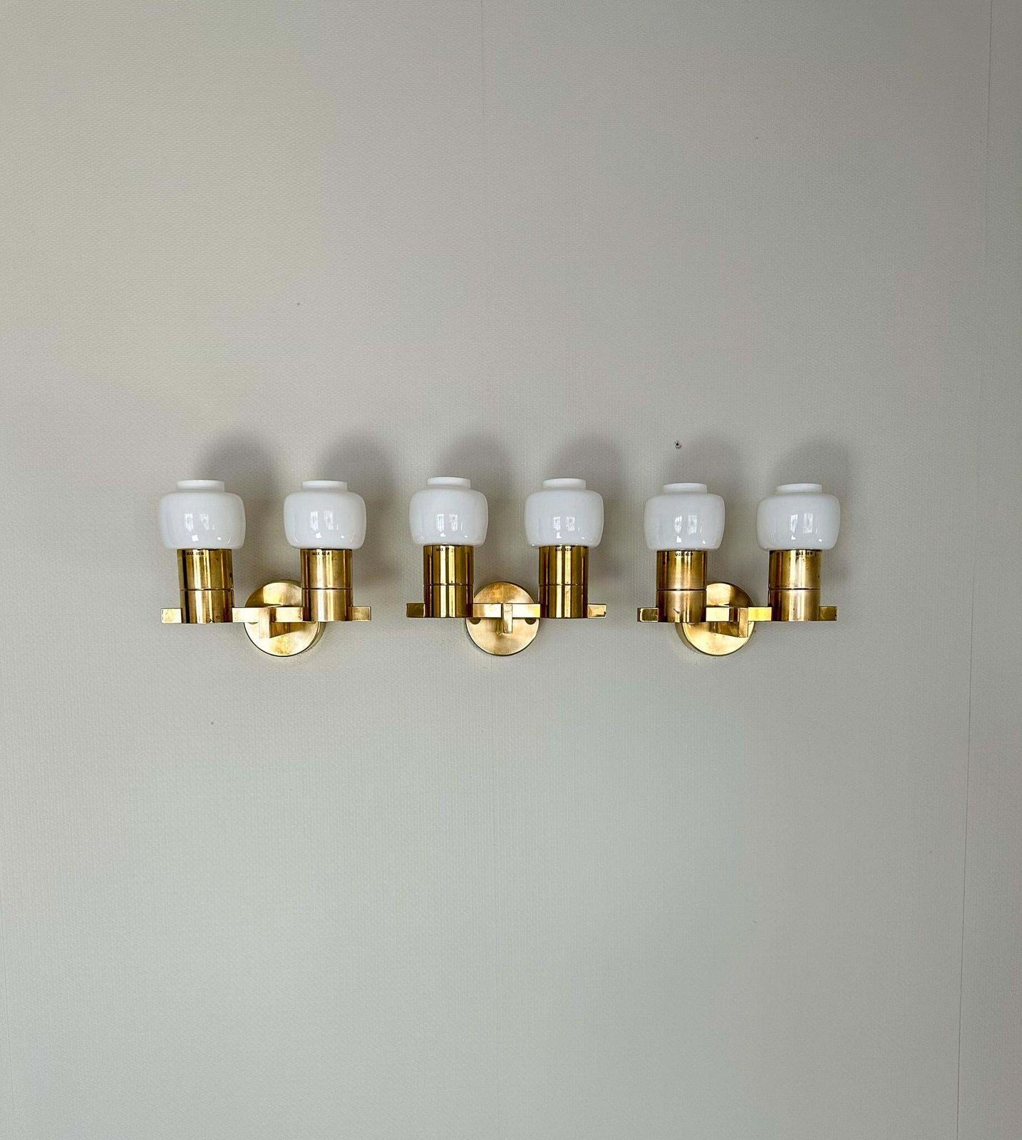 Midcentury Hans Agne Jakobsson Brass And Opaline Glass Wall Lamps, Sweden, 1960s photo for sale