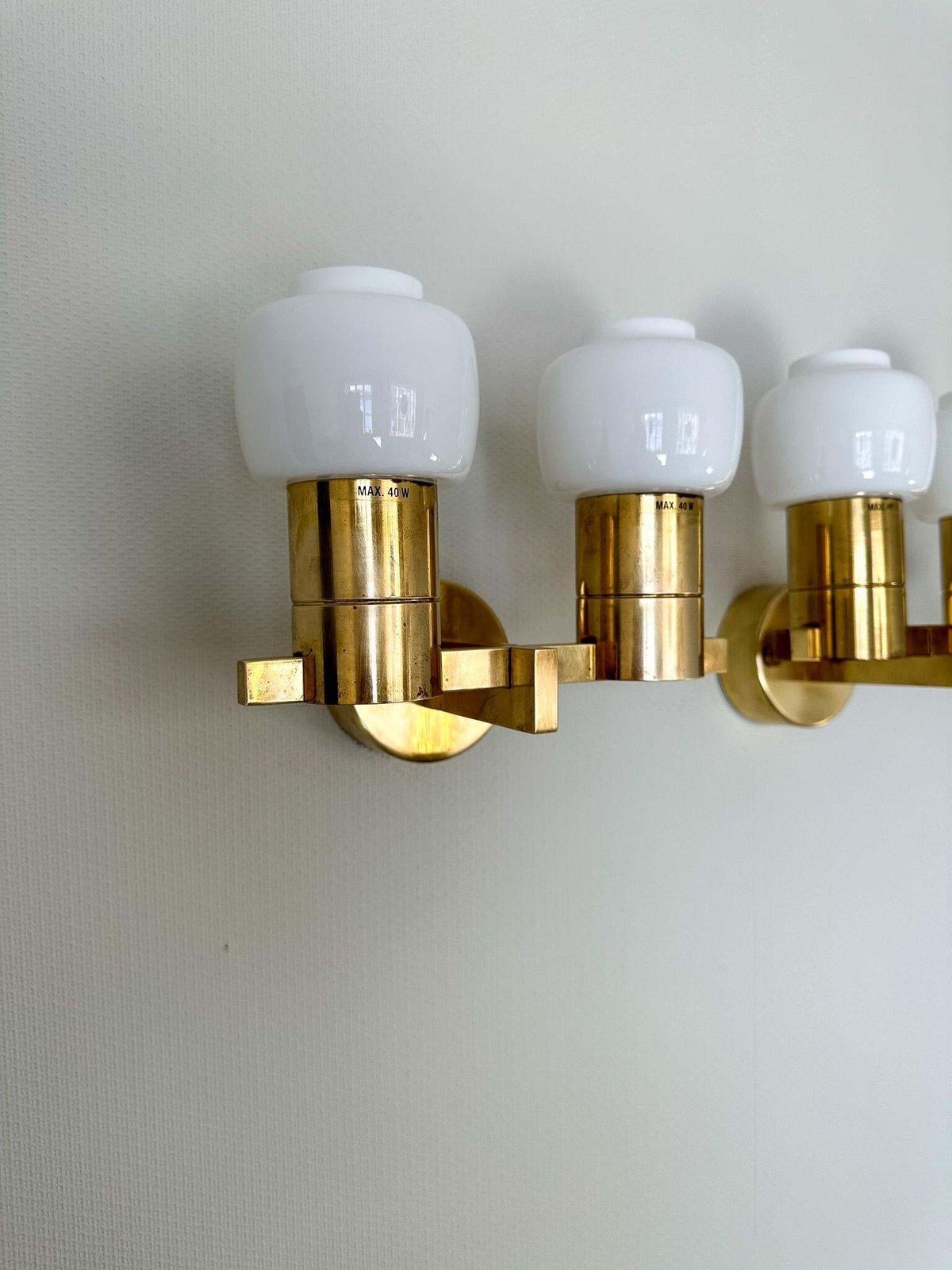 Midcentury Hans Agne Jakobsson Brass And Opaline Glass Wall Lamps, Sweden, 1960s photo vintage