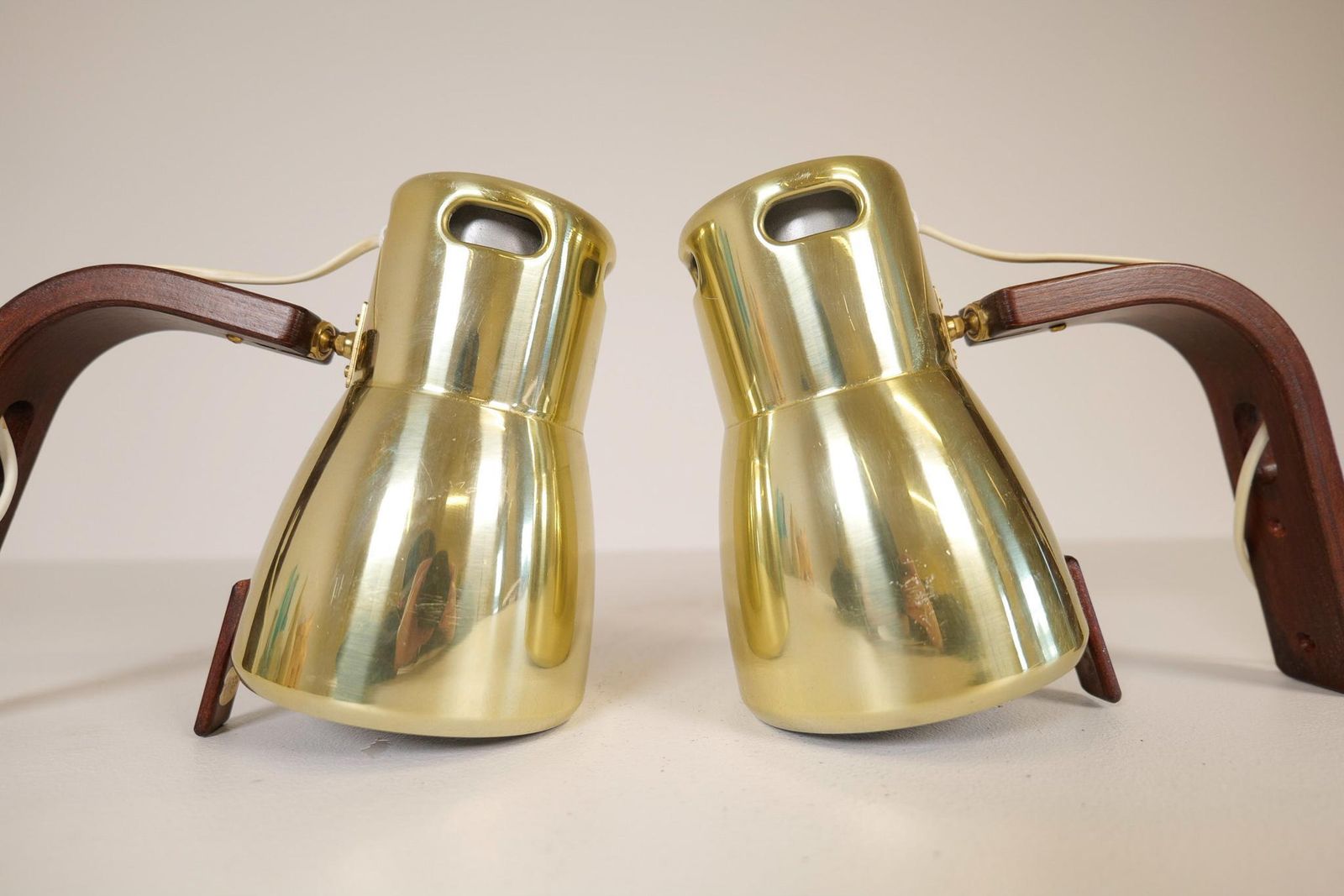 Hans Agne Jakobsson Brass And Stained Wood Wall Lamps, Sweden, 1970s photo vinterior
