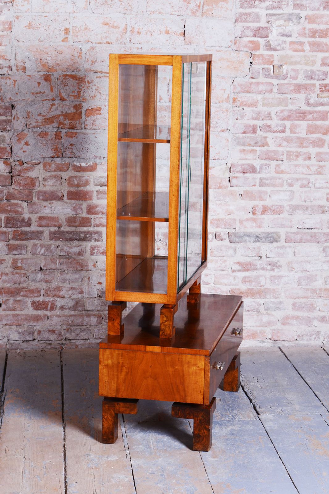Restored Art Deco Display Cabinet , Walnut And Glass, Czech, 1920s photo vintage