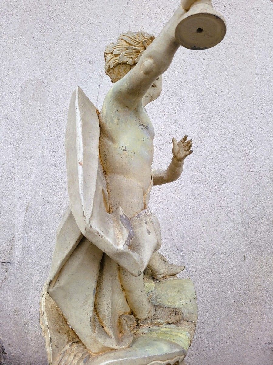 Art Large Putti Sculpture In Lacquered Wood, Italy, 19th Century photo