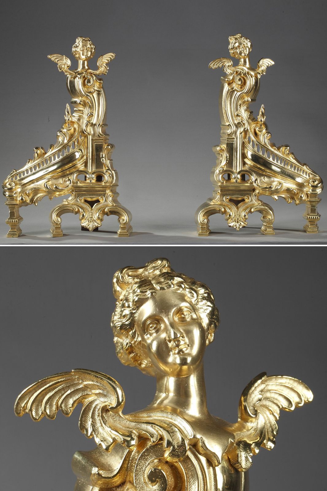 Chenets de cheminée Napoléon III de style Rocaille en bronze doré