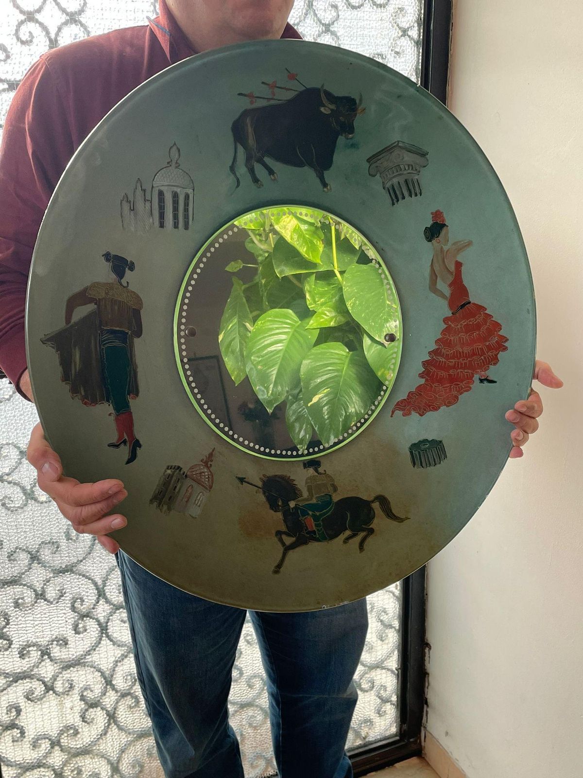 Large Spanish Mid Century Hand Painted Glass Wall Mirror, 1950s photo furniture