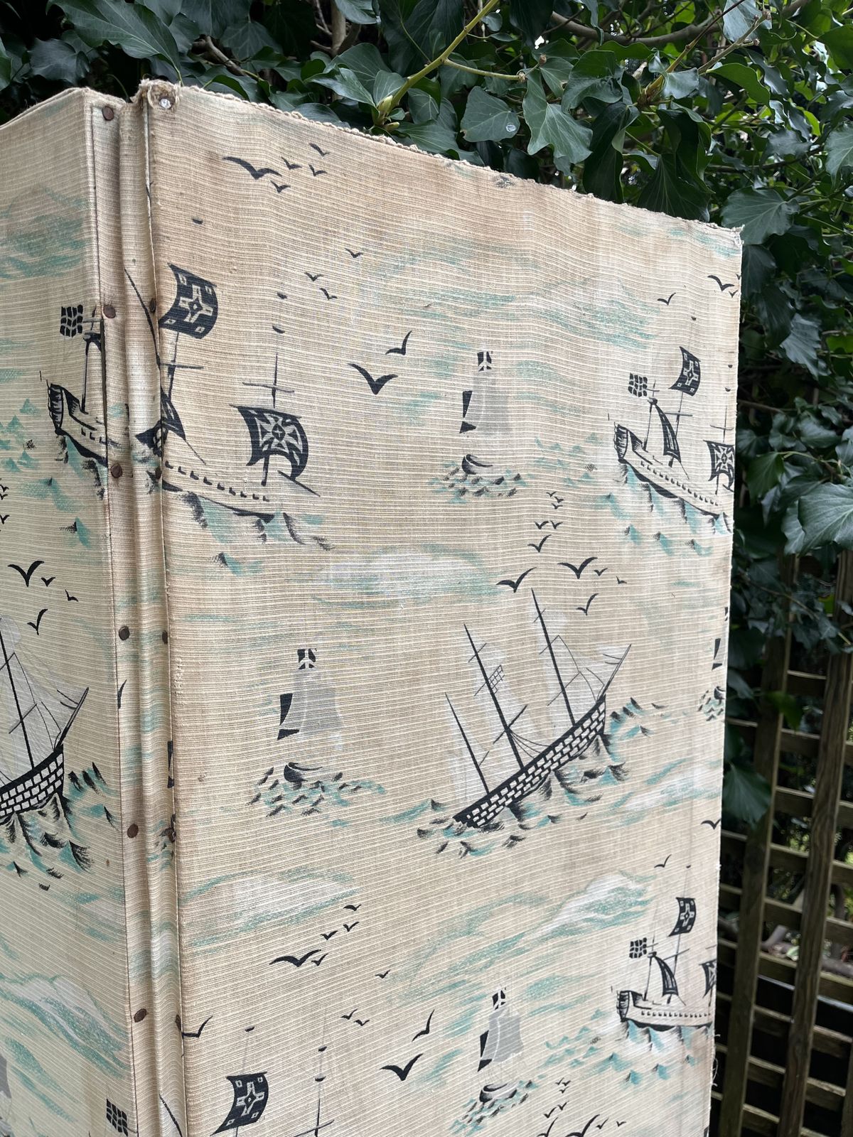 Charming 1950’s Folding Screen With Ships And Waves Fabric photo 195.0