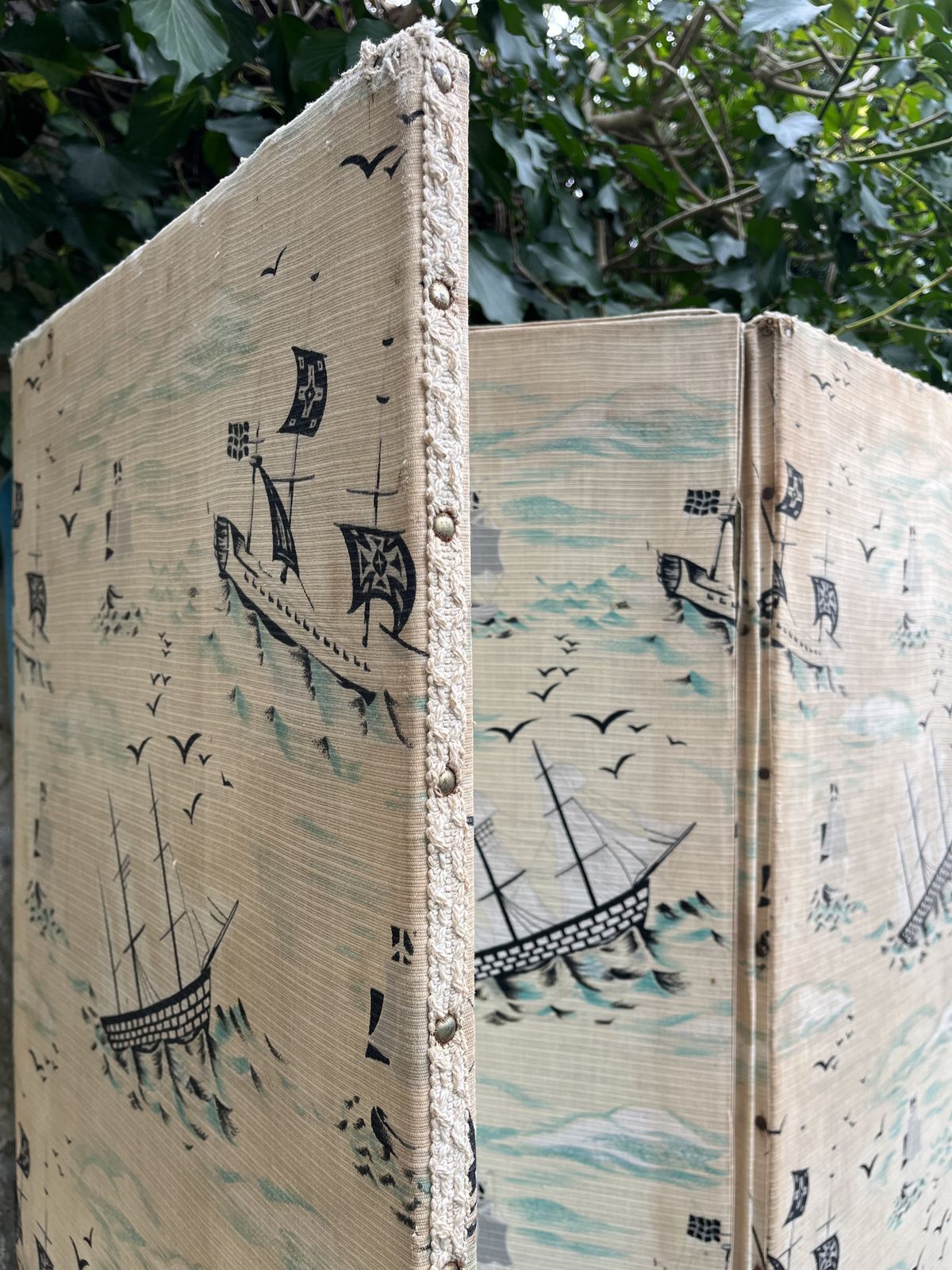 photo for sale Charming 1950’s Folding Screen With Ships And Waves Fabric