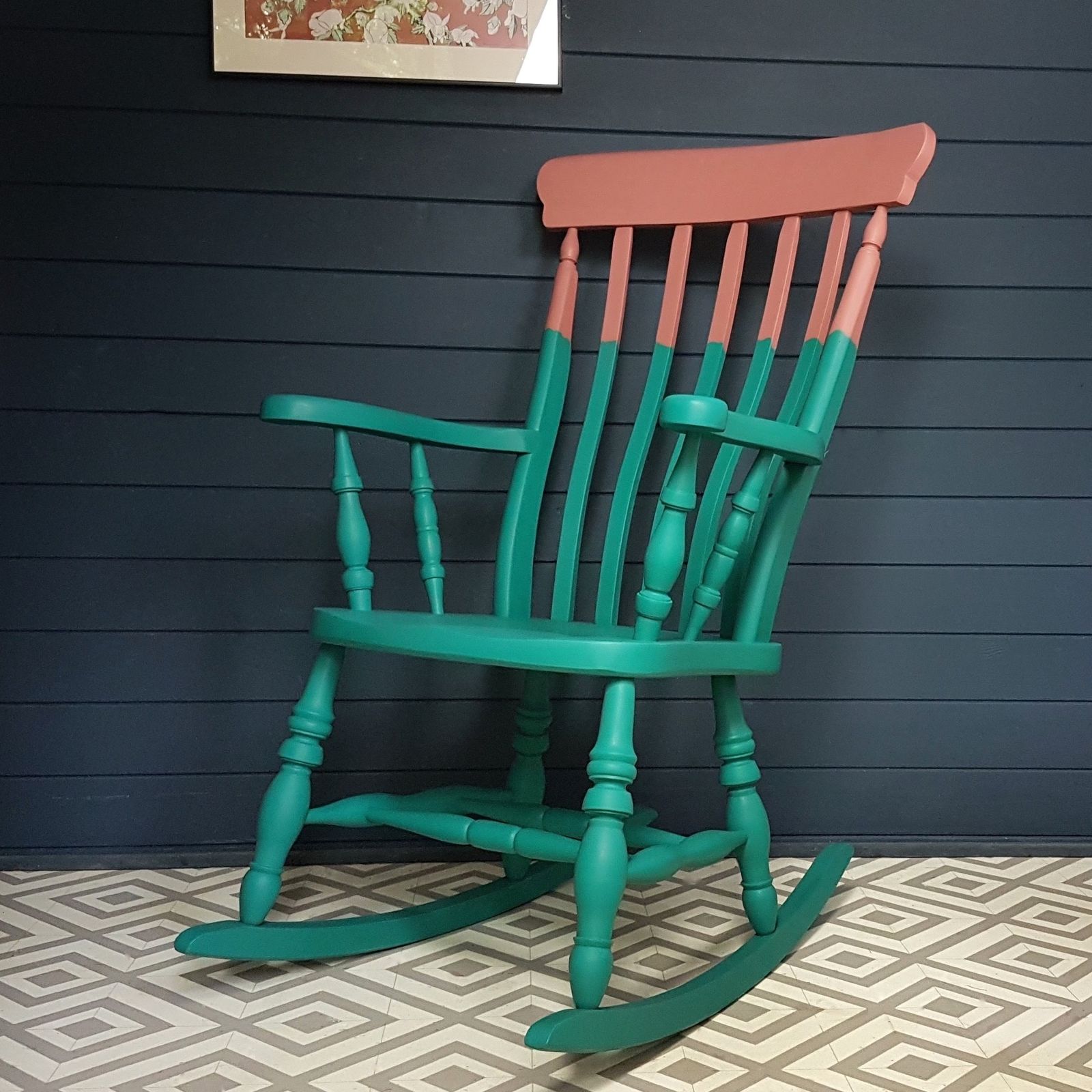 Two Tone Teal And Pink Painted Wooden Rocking Chair