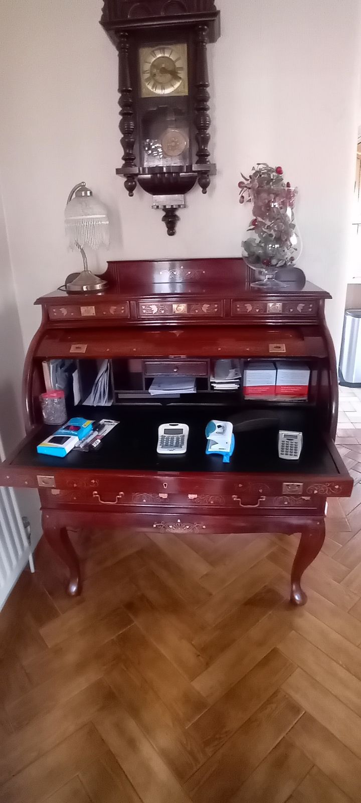 Rosewood Cylinder Roll Top Bureau With Pull Out Leather Covered Writing Desk , All Decorated With Inlaid Brass Pattern