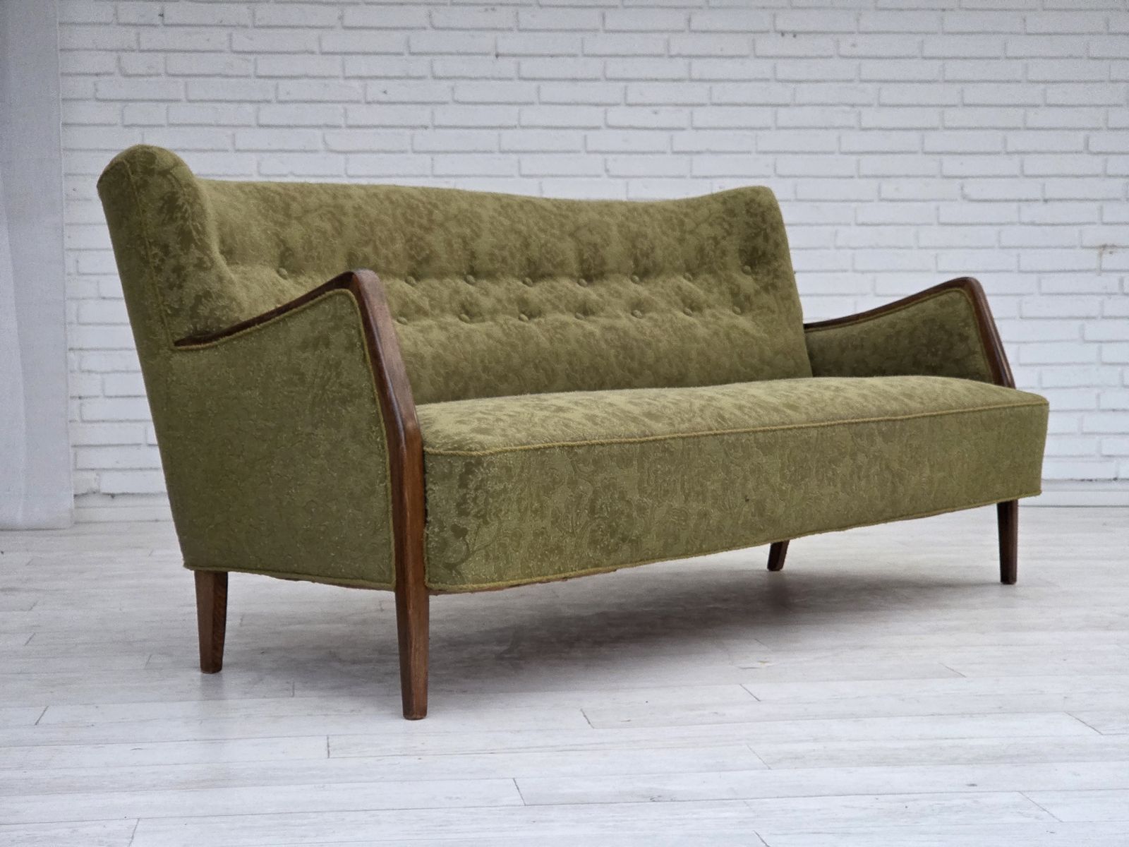 1960s, Danish 3 Seater Sofa, Green Furniture Velour, Ash Wood. photo Furniture