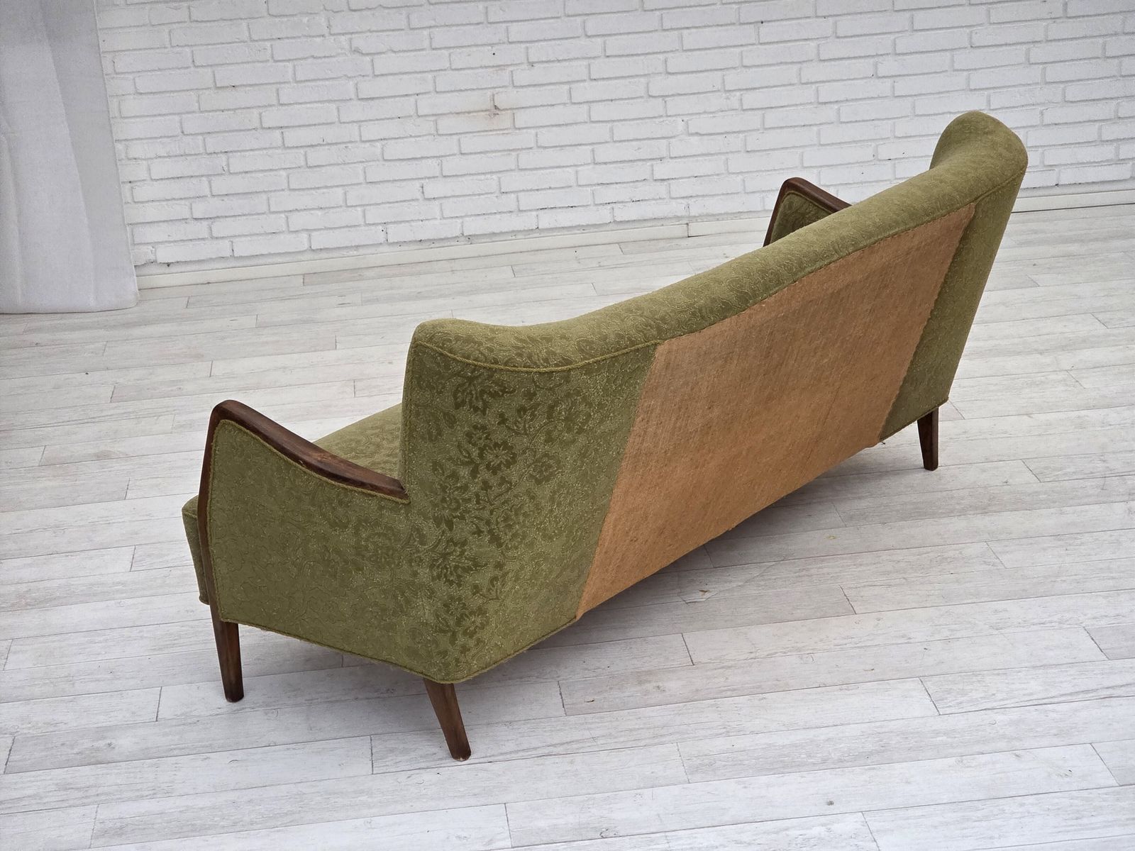 photo for sale 1960s, Danish 3 Seater Sofa, Green Furniture Velour, Ash Wood.