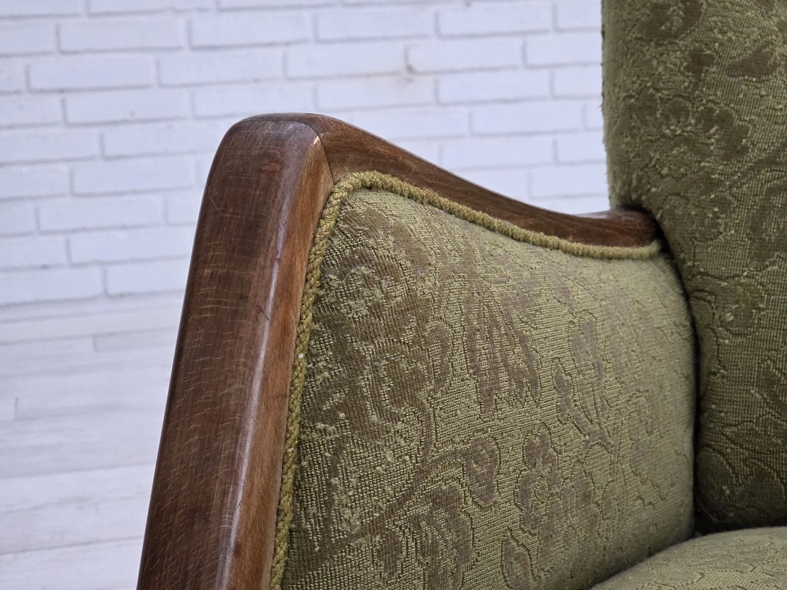 Furniture 1960s, Danish 3 Seater Sofa, Green Furniture Velour, Ash Wood. photo