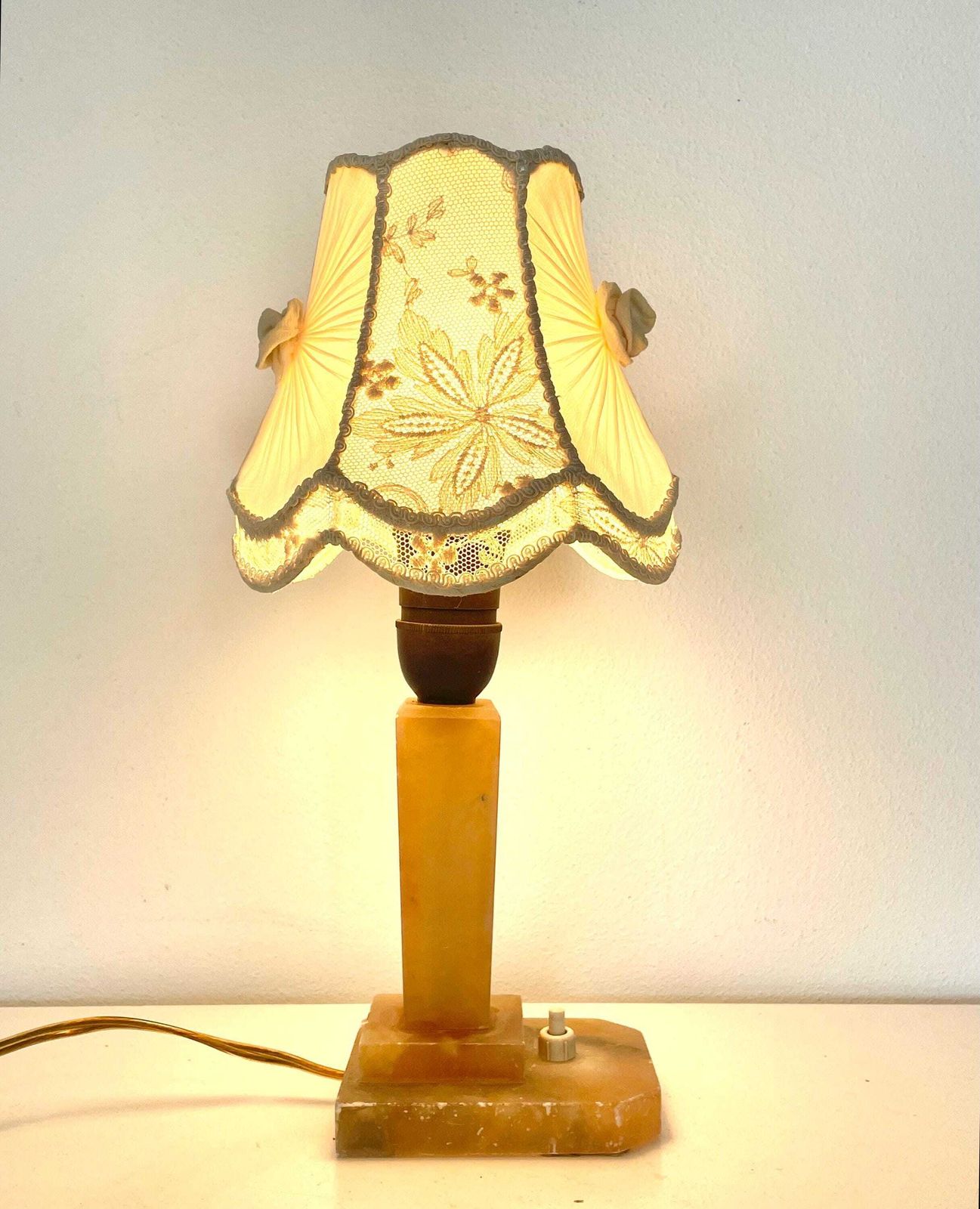 Gorgeous Vintage Danish Red Alabaster Art Deco Table Lamp With Elegant Details And Fabric Shade With Decoration And Lace photo furniture