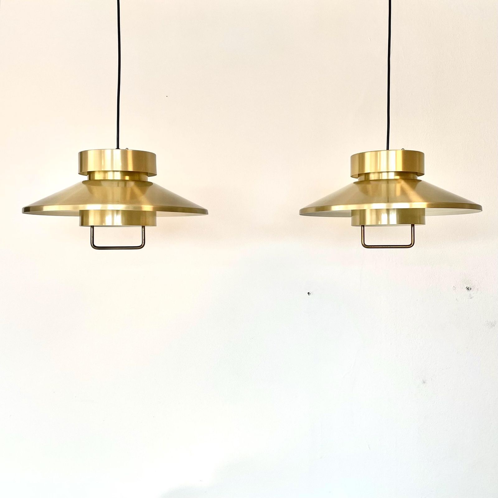 Danish Mid Century Modern Pair Of Lyskær Design Minimalist Ceiling Lamps With Gold Painted Multilayer Metal Shades And Hanger