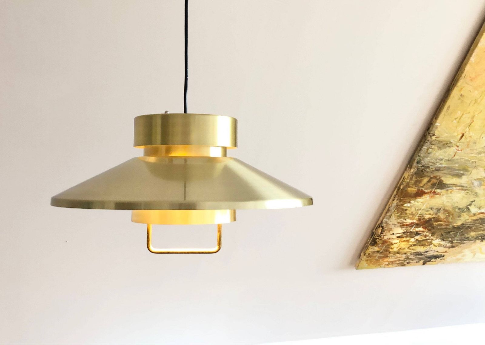 Danish Mid Century Modern Pair Of Lyskær Design Minimalist Ceiling Lamps With Gold Painted Multilayer Metal Shades And Hanger photo furniture