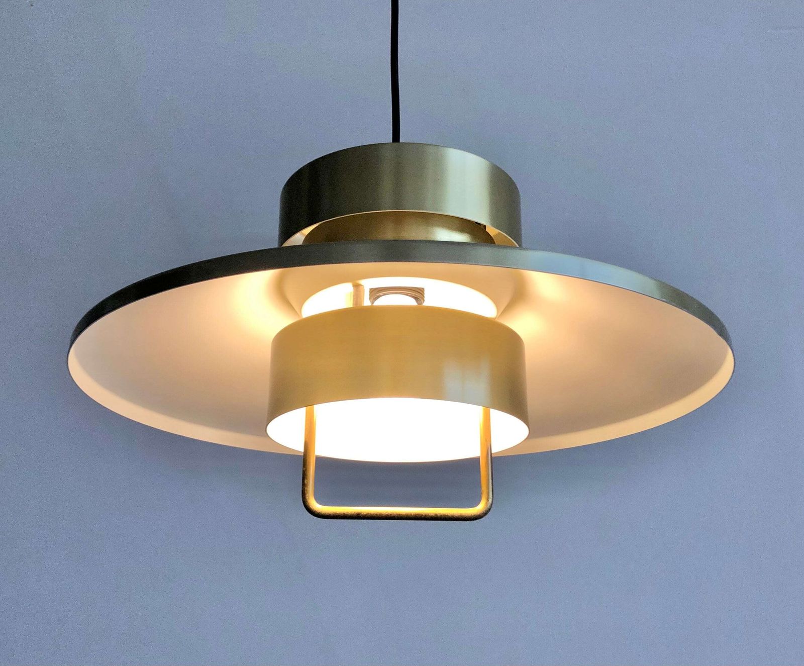 Danish Mid Century Modern Pair Of Lyskær Design Minimalist Ceiling Lamps With Gold Painted Multilayer Metal Shades And Hanger photo for sale