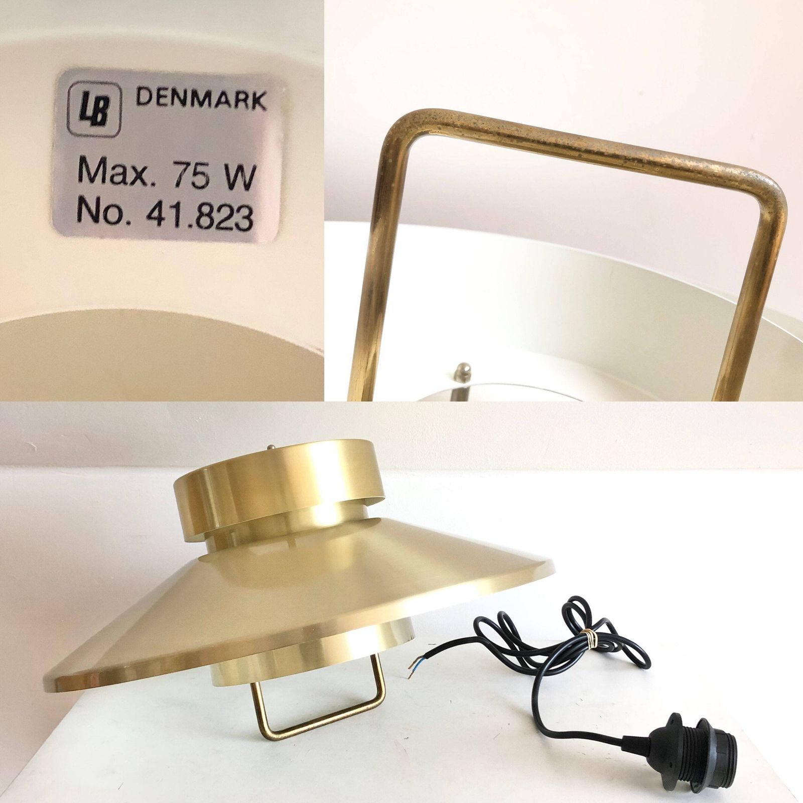 Danish Mid Century Modern Pair Of Lyskær Design Minimalist Ceiling Lamps With Gold Painted Multilayer Metal Shades And Hanger photo 496.0