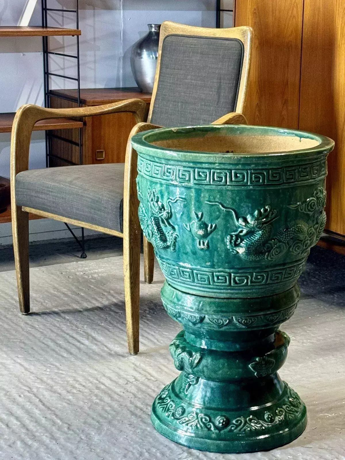 Large Chinese Emerald Green Dragon Glazed Ceramic Porcelain Pedestal Jardinière photo for sale