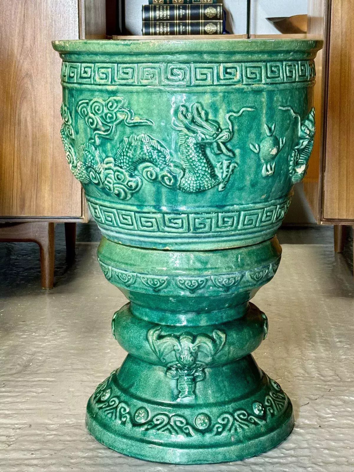 Large Chinese Emerald Green Dragon Glazed Ceramic Porcelain Pedestal Jardinière photo 2000.0