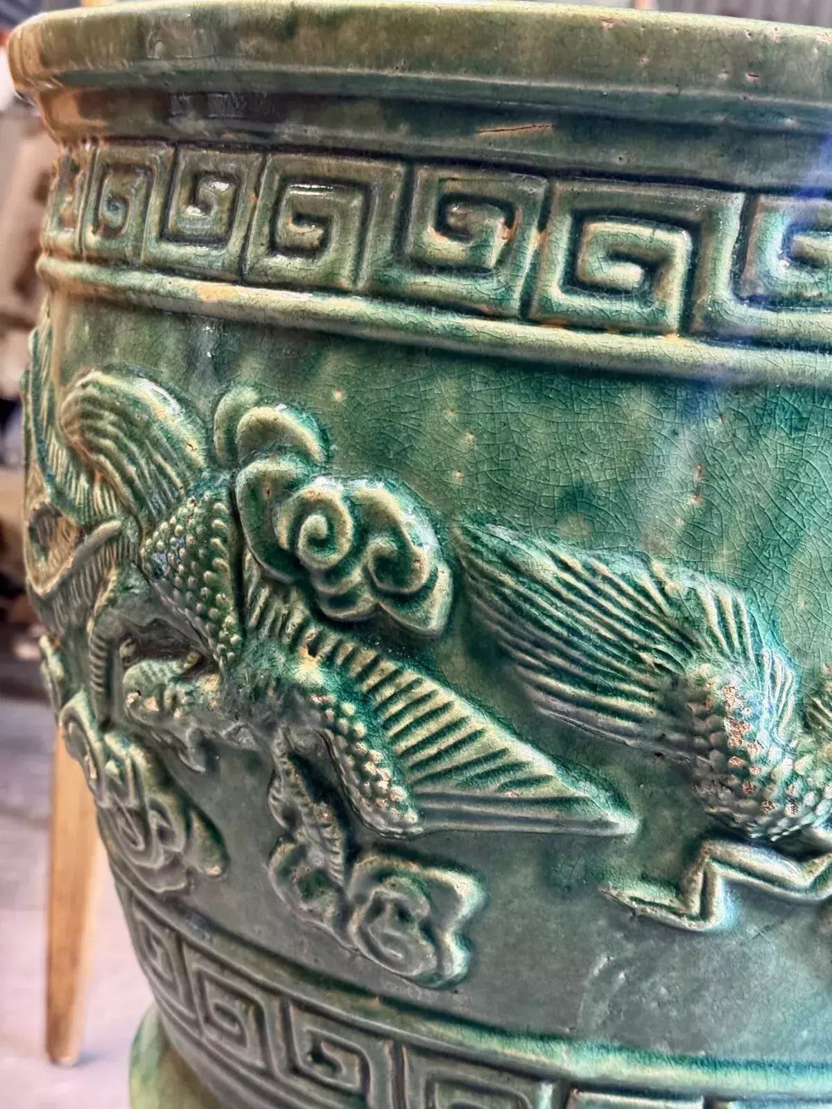 Large Chinese Emerald Green Dragon Glazed Ceramic Porcelain Pedestal Jardinière photo vintage