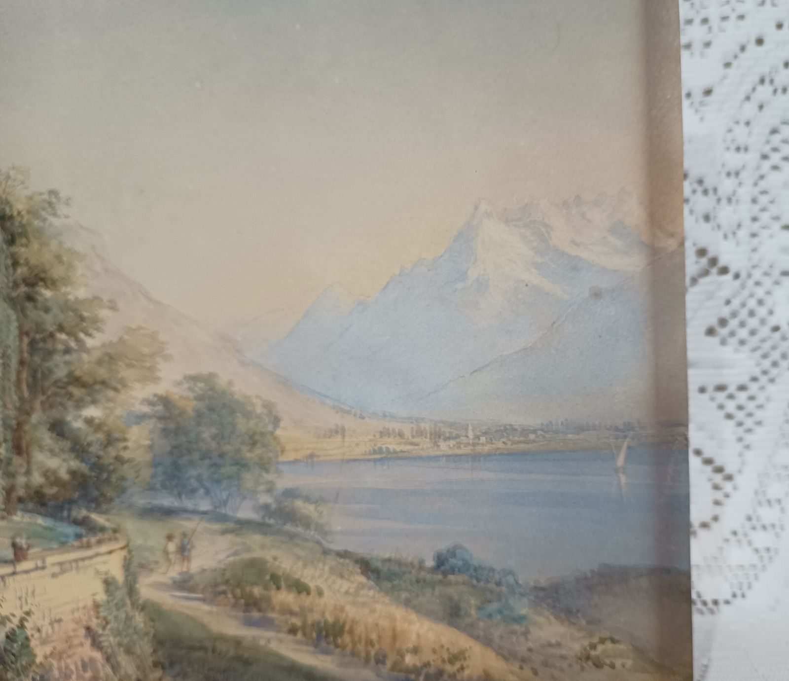 Antique Watercolour Painting Lakeside European Villa Mountain Landscape Unframed. photo vintage