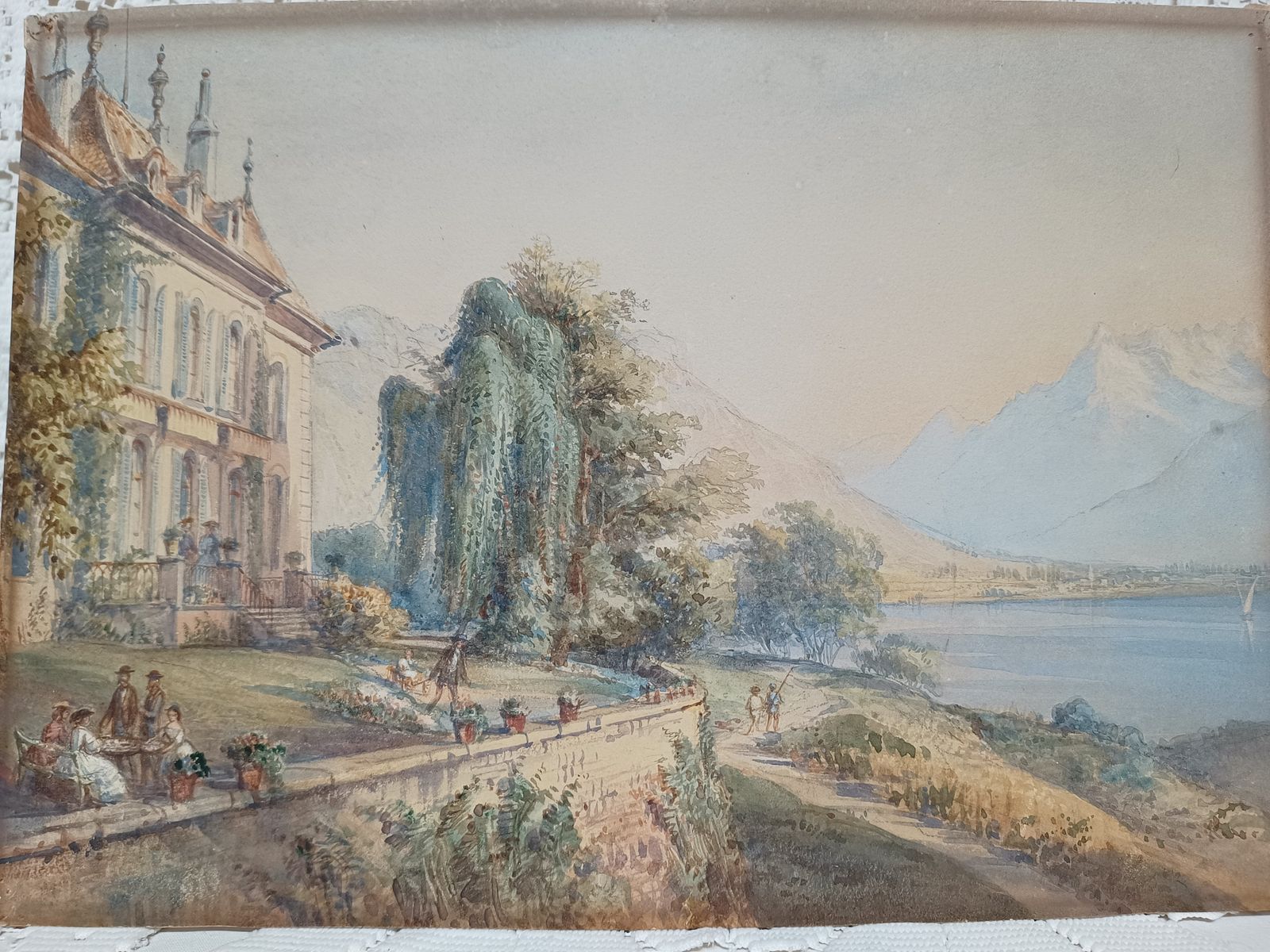 photo furniture Antique Watercolour Painting Lakeside European Villa Mountain Landscape Unframed.