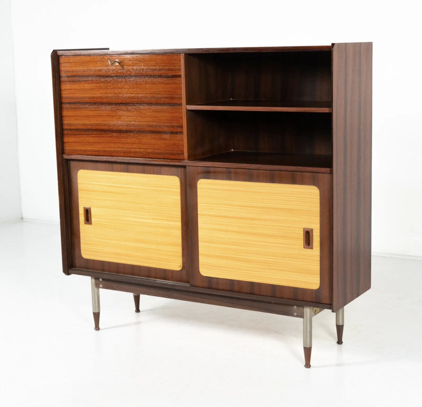 Mid Century Modern Highboard, Wood And Wicker, Italy