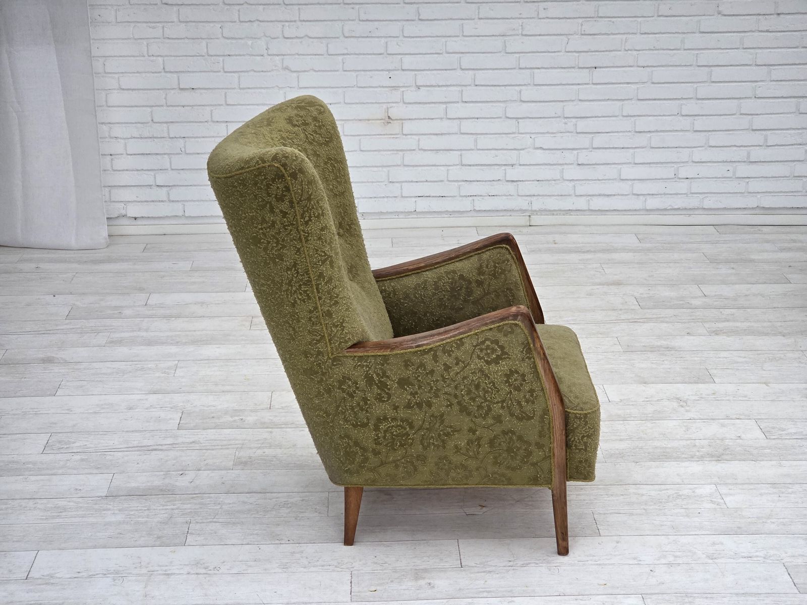 1960s, Danish Armchair, Original Green Furniture Velour, Ash Wood. photo buy