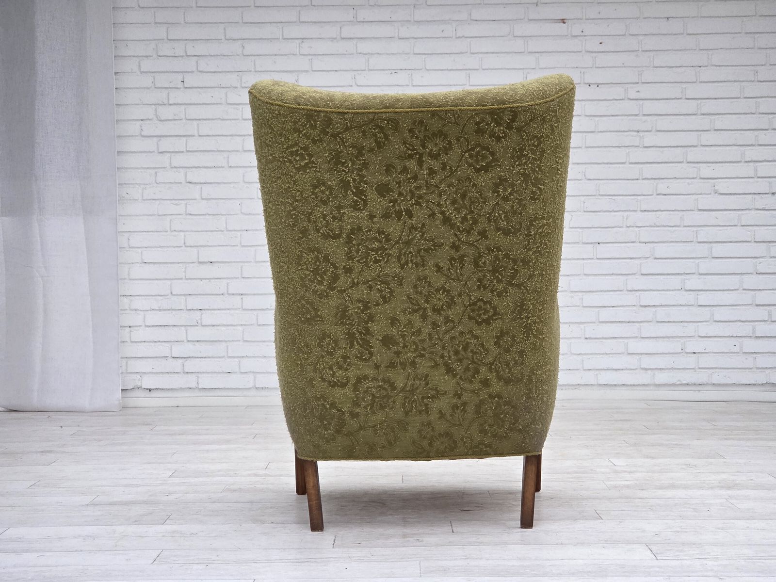 photo buy 1960s, Danish Armchair, Original Green Furniture Velour, Ash Wood.