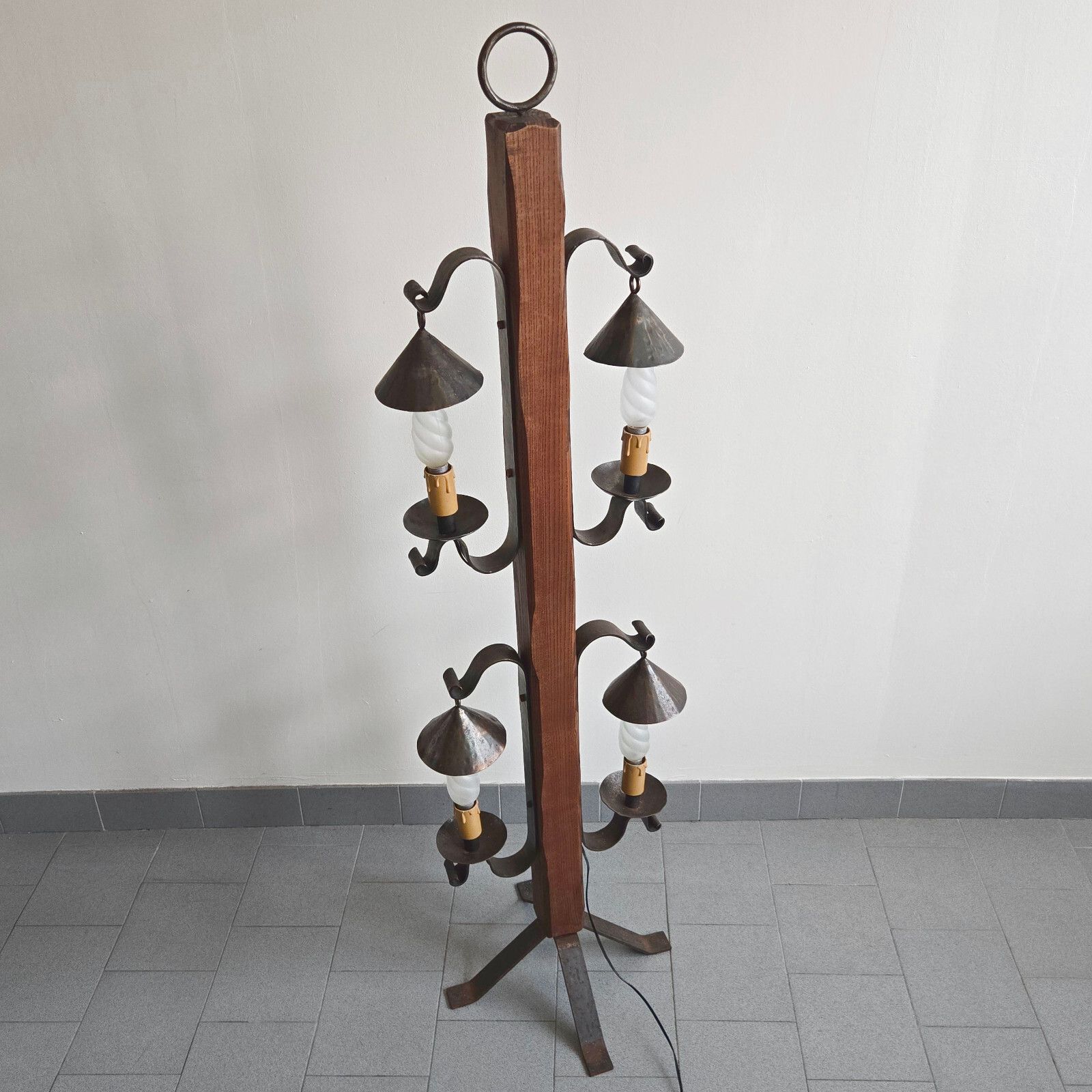 Vintage 1970s Brutalist Medieval Oak & Steel Floor Lamp 70s Retro 1970s photo for sale