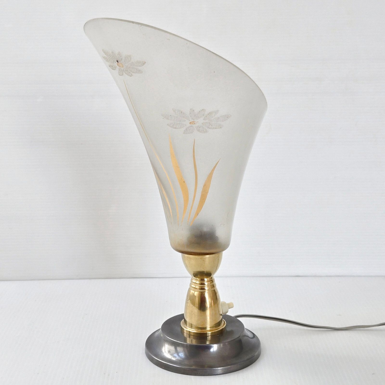 Vintage 1950s Arlus Glass Steel & Brass Table Lamp 50s Rockabilly Retro