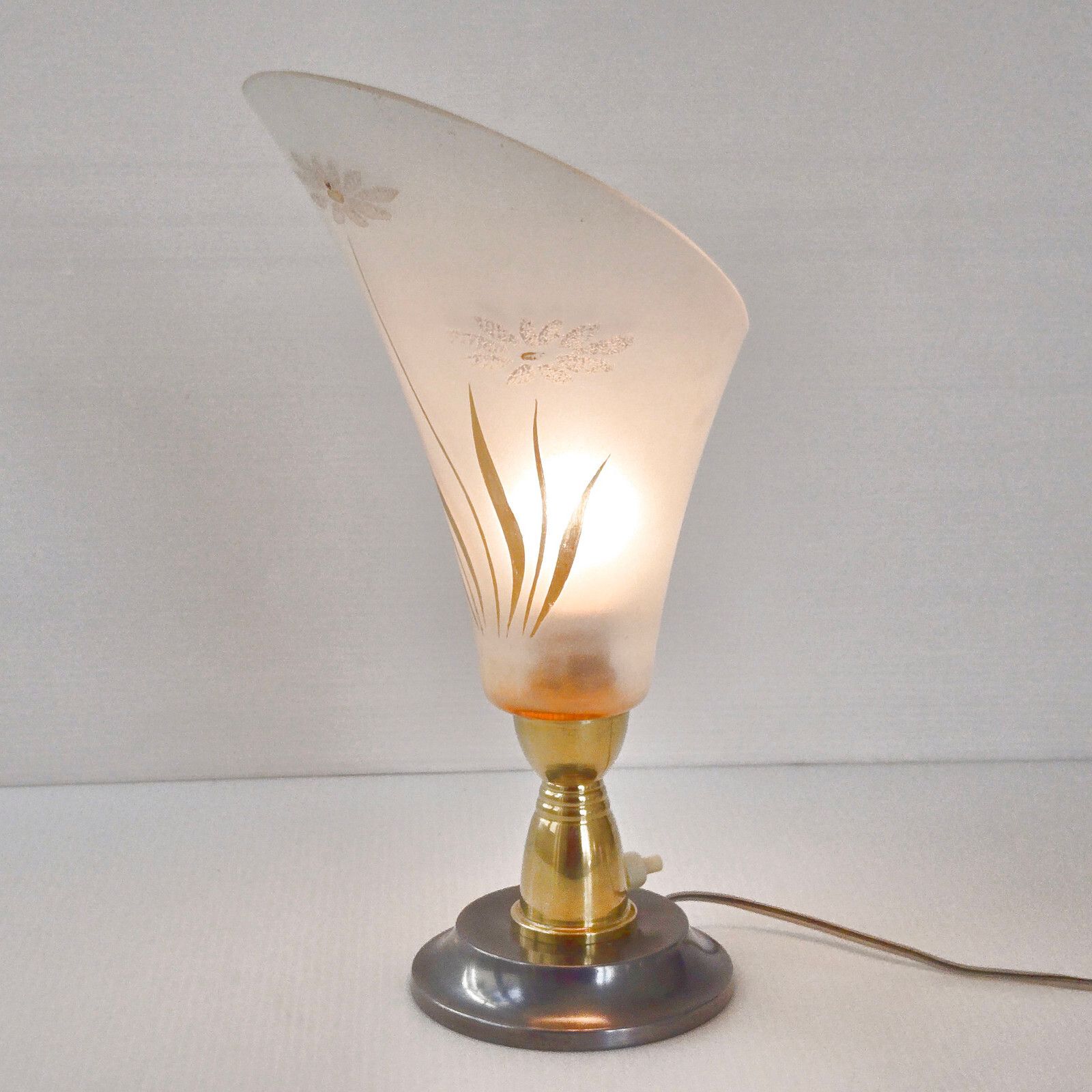 Lighting Vintage 1950s Arlus Glass Steel & Brass Table Lamp 50s Rockabilly Retro photo