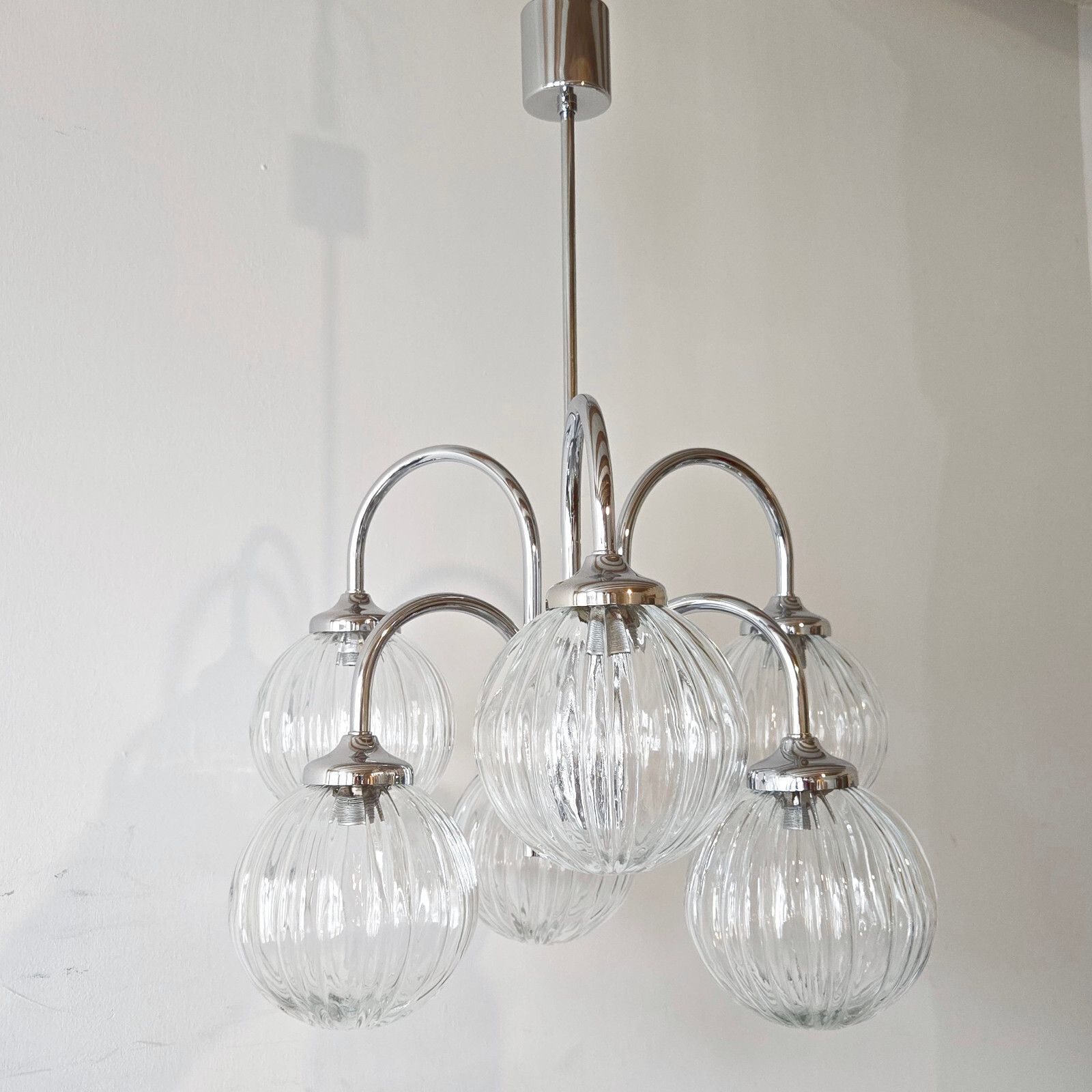 Vintage 1970s 6 Balls Glass & Steel Chrome Ceiling Chandelier 70s Retro 70s photo furniture
