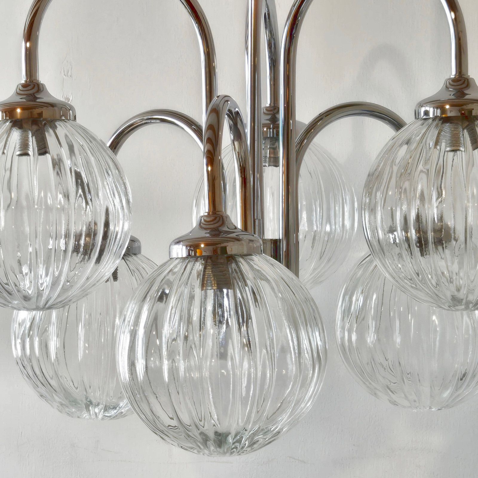 Vintage 1970s 6 Balls Glass & Steel Chrome Ceiling Chandelier 70s Retro 70s photo 560.0